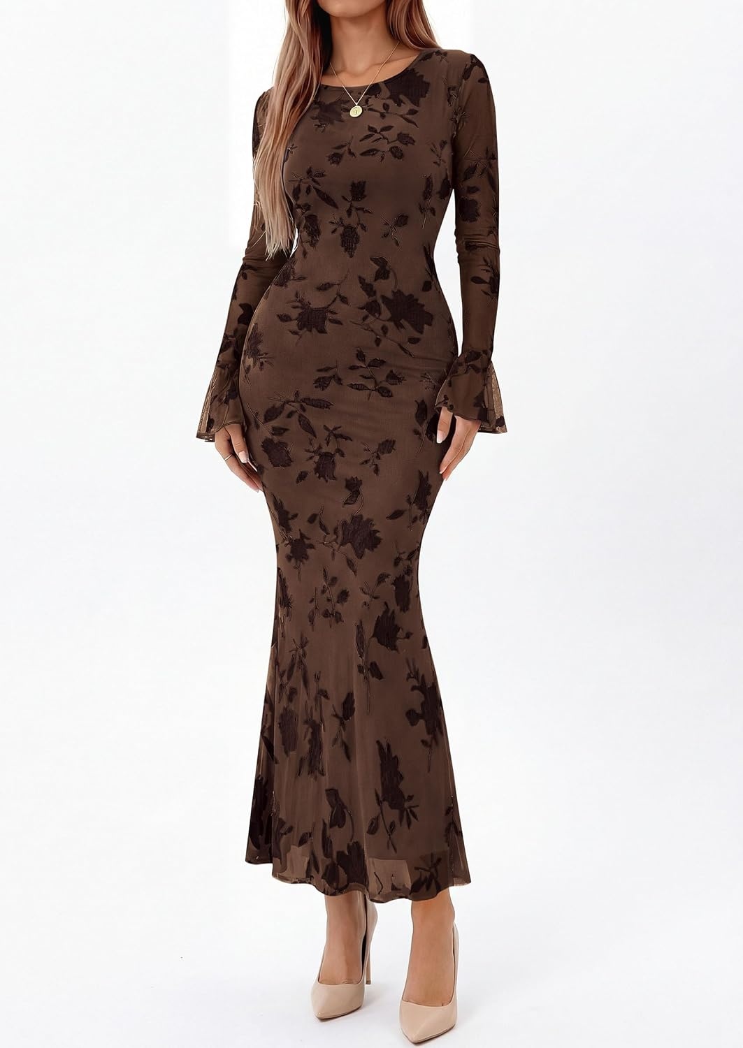 image:imagePRETTYGARDEN Womens Floral Maxi Fall Wedding Guest Dress Lightweight Stretchy Mesh Long Bell Sleeves Bodycon Mermaid Fit Elegant Dresses for Cocktail Holiday Party Formal EventsBrown