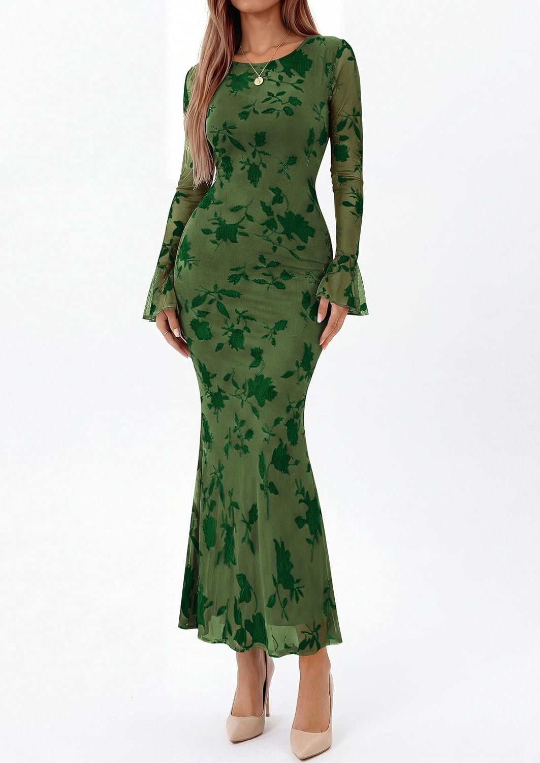 image:imagePRETTYGARDEN Womens Floral Maxi Fall Wedding Guest Dress Lightweight Stretchy Mesh Long Bell Sleeves Bodycon Mermaid Fit Elegant Dresses for Cocktail Holiday Party Formal EventsGreen