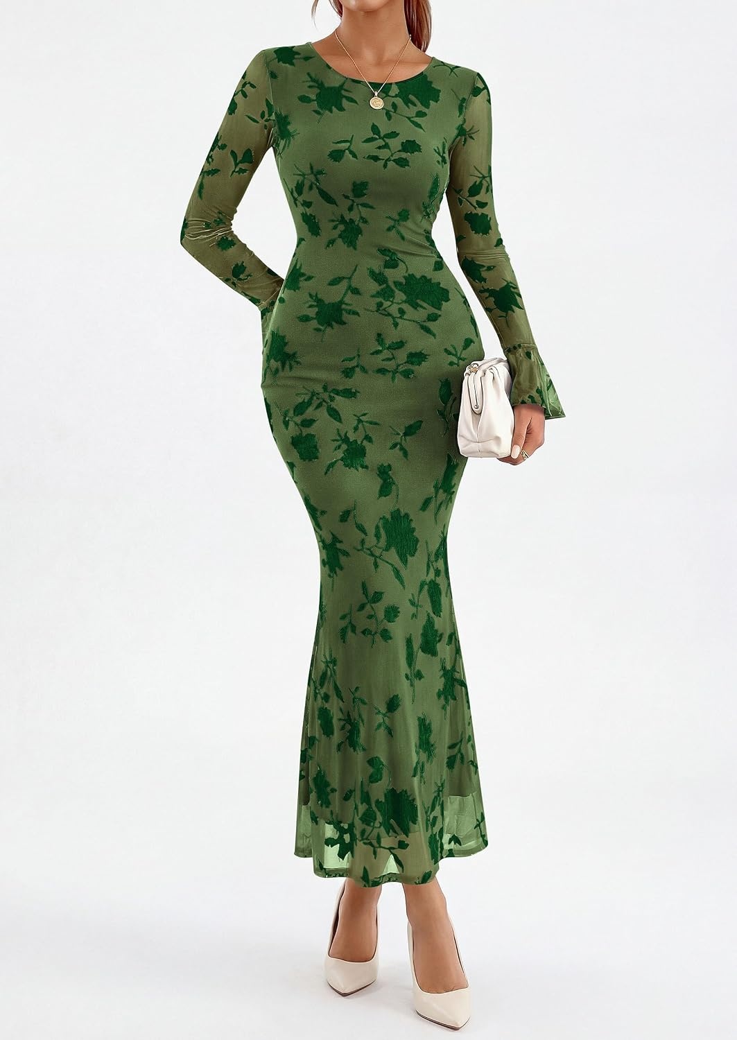 image:imagePRETTYGARDEN Womens Floral Maxi Fall Wedding Guest Dress Lightweight Stretchy Mesh Long Bell Sleeves Bodycon Mermaid Fit Elegant Dresses for Cocktail Holiday Party Formal EventsGreen