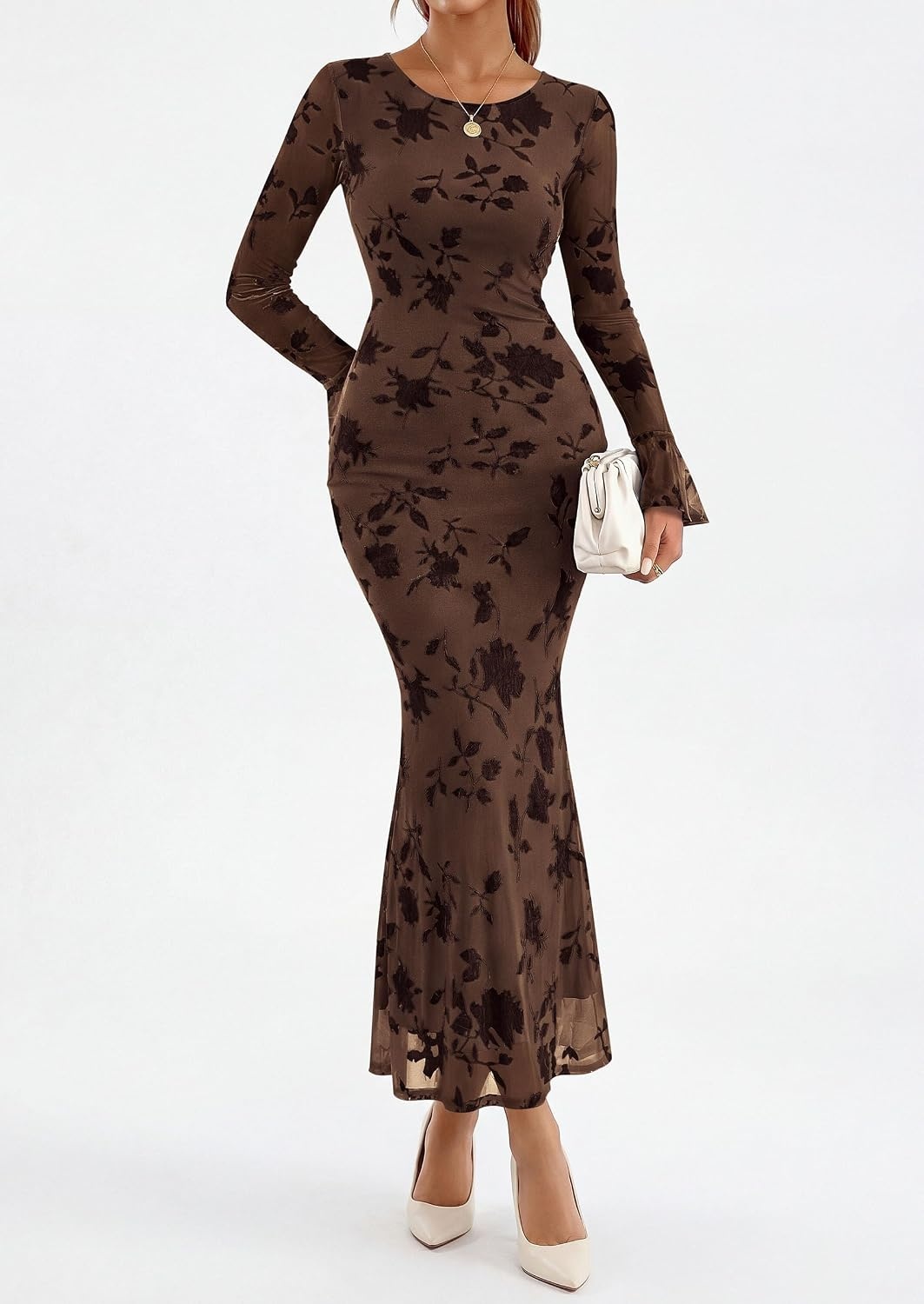 image:imagePRETTYGARDEN Womens Floral Maxi Fall Wedding Guest Dress Lightweight Stretchy Mesh Long Bell Sleeves Bodycon Mermaid Fit Elegant Dresses for Cocktail Holiday Party Formal EventsBrown