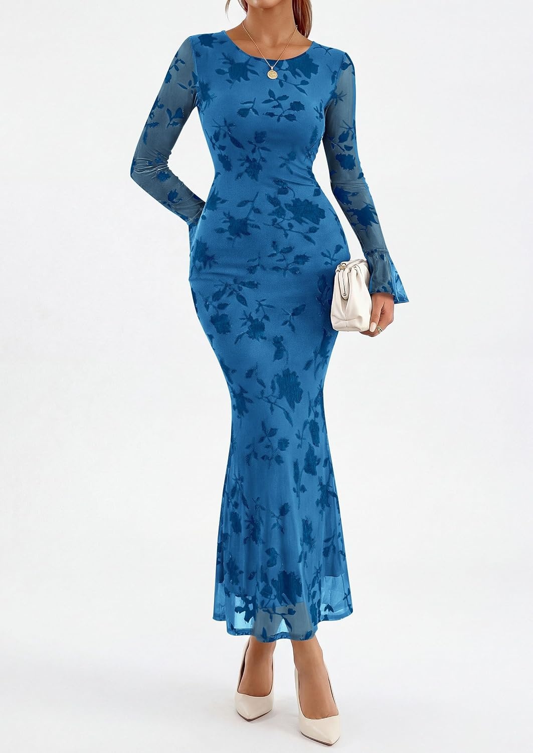 image:imagePRETTYGARDEN Womens Floral Maxi Fall Wedding Guest Dress Lightweight Stretchy Mesh Long Bell Sleeves Bodycon Mermaid Fit Elegant Dresses for Cocktail Holiday Party Formal EventsBlue