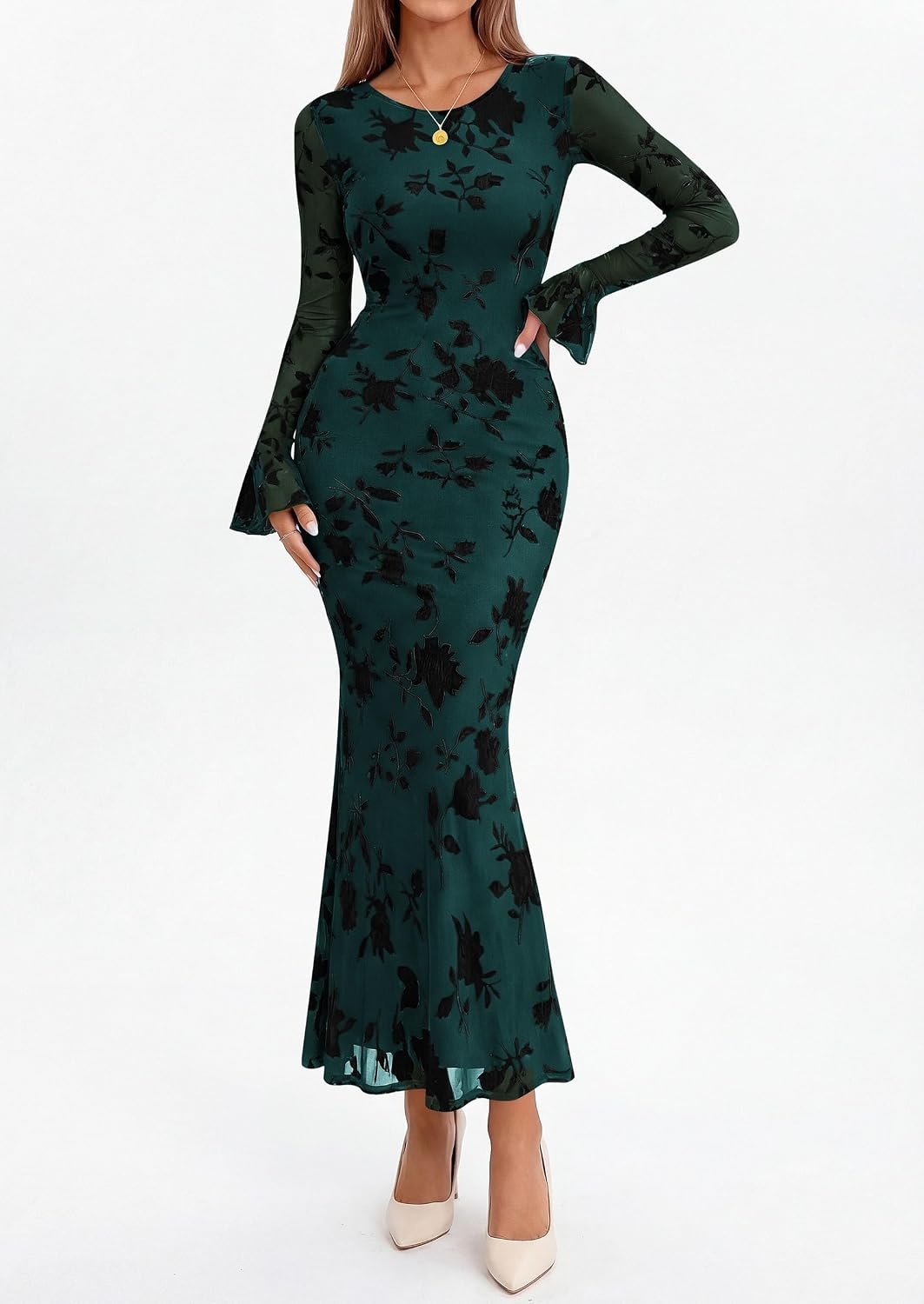 image:imagePRETTYGARDEN Womens Floral Maxi Fall Wedding Guest Dress Lightweight Stretchy Mesh Long Bell Sleeves Bodycon Mermaid Fit Elegant Dresses for Cocktail Holiday Party Formal EventsBlue Green