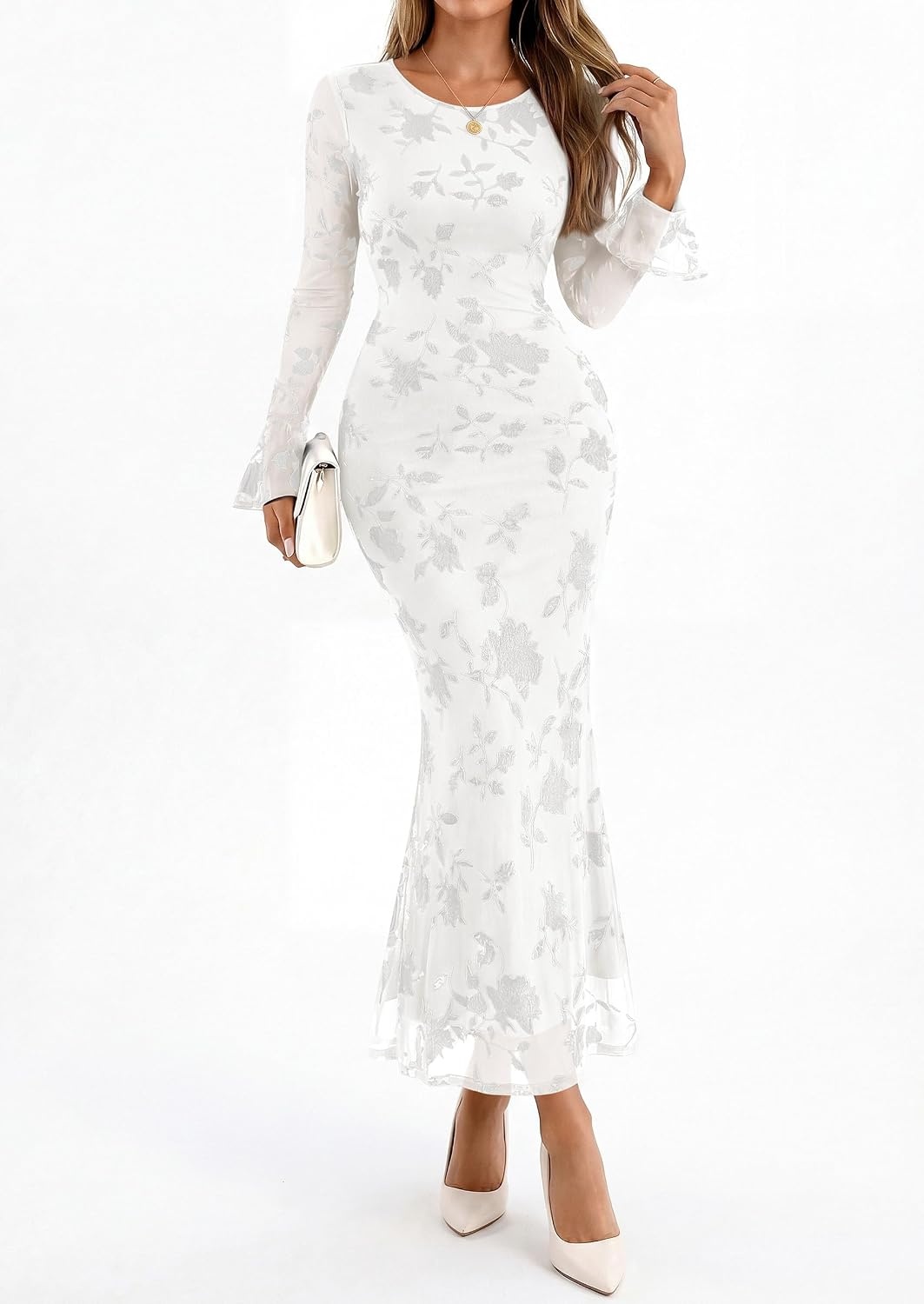image:imagePRETTYGARDEN Womens Floral Maxi Fall Wedding Guest Dress Lightweight Stretchy Mesh Long Bell Sleeves Bodycon Mermaid Fit Elegant Dresses for Cocktail Holiday Party Formal EventsWhite