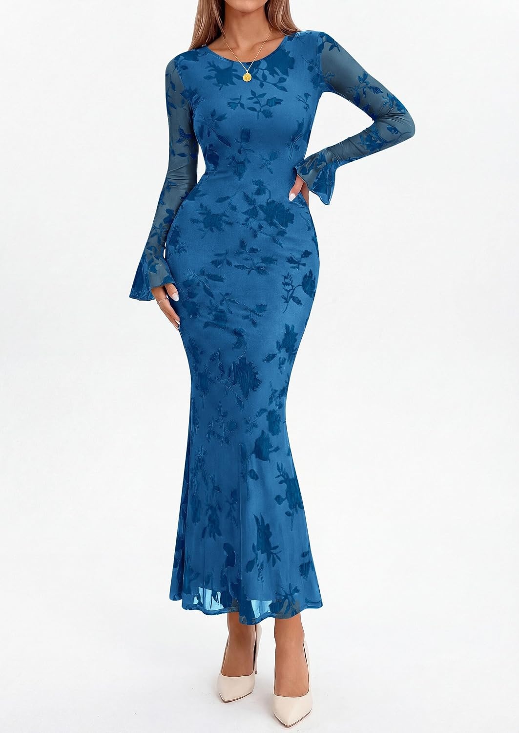image:imagePRETTYGARDEN Womens Floral Maxi Fall Wedding Guest Dress Lightweight Stretchy Mesh Long Bell Sleeves Bodycon Mermaid Fit Elegant Dresses for Cocktail Holiday Party Formal EventsBlue