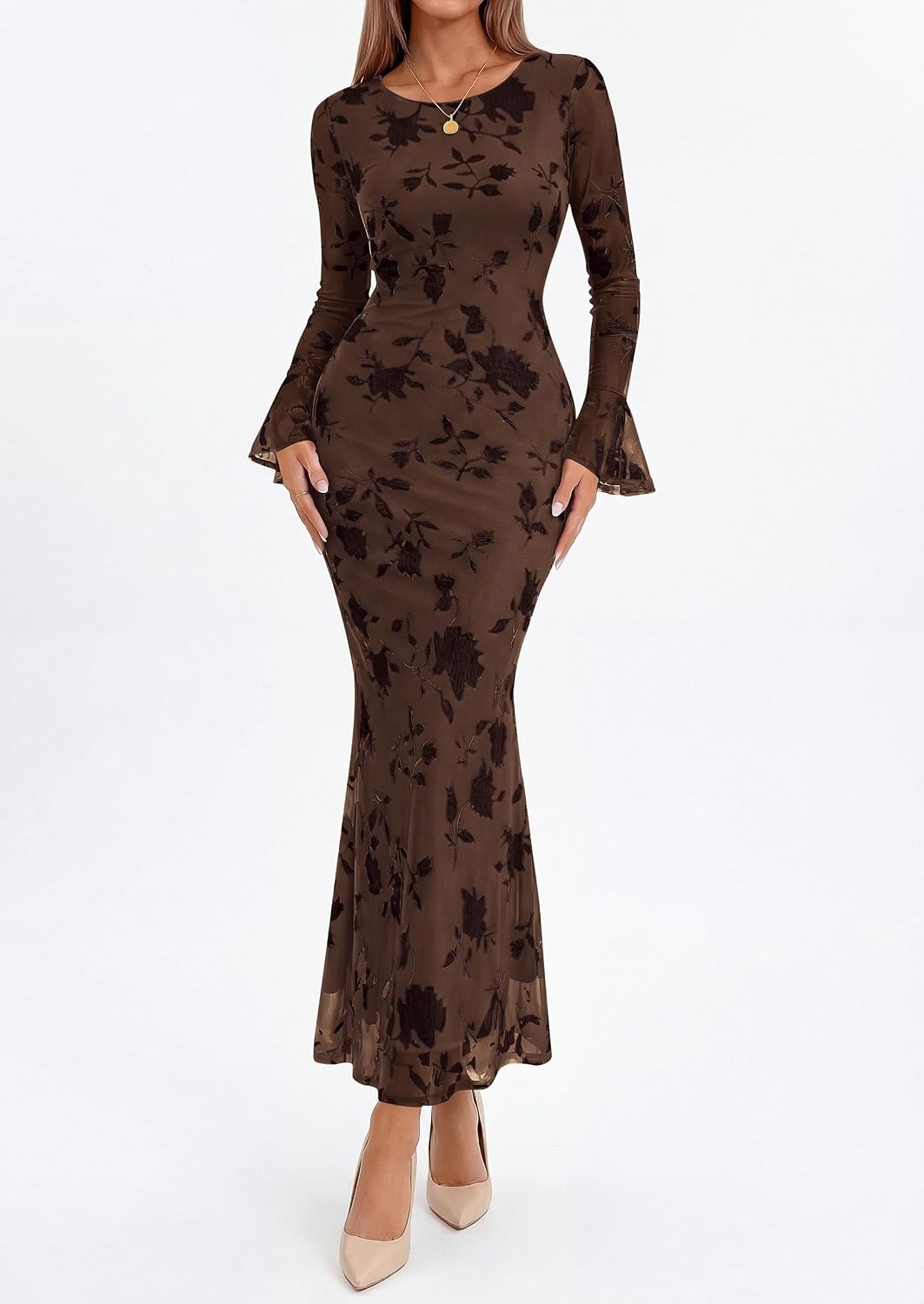 image:imagePRETTYGARDEN Womens Floral Maxi Fall Wedding Guest Dress Lightweight Stretchy Mesh Long Bell Sleeves Bodycon Mermaid Fit Elegant Dresses for Cocktail Holiday Party Formal EventsBrown