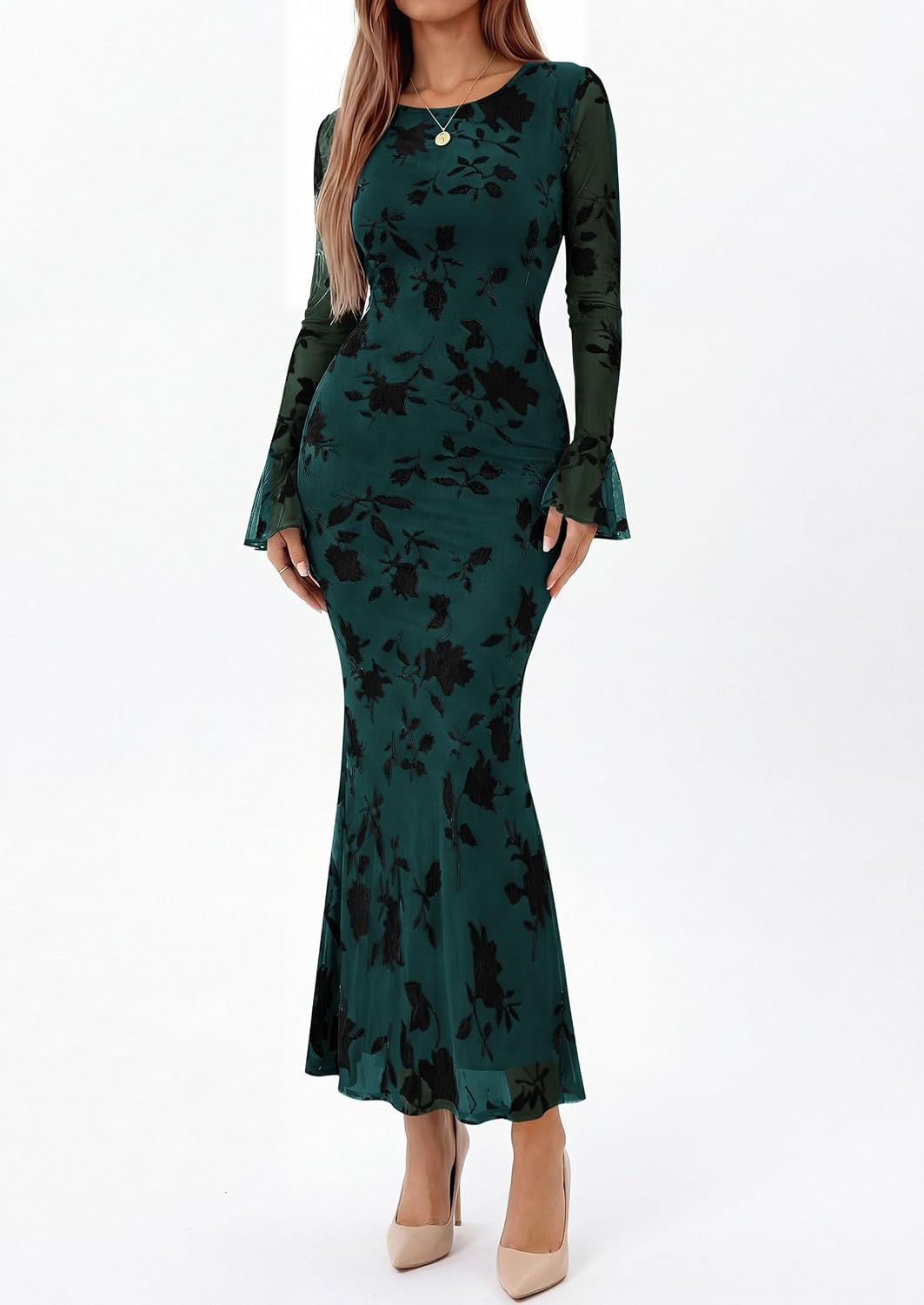 image:imagePRETTYGARDEN Womens Floral Maxi Fall Wedding Guest Dress Lightweight Stretchy Mesh Long Bell Sleeves Bodycon Mermaid Fit Elegant Dresses for Cocktail Holiday Party Formal EventsBlue Green