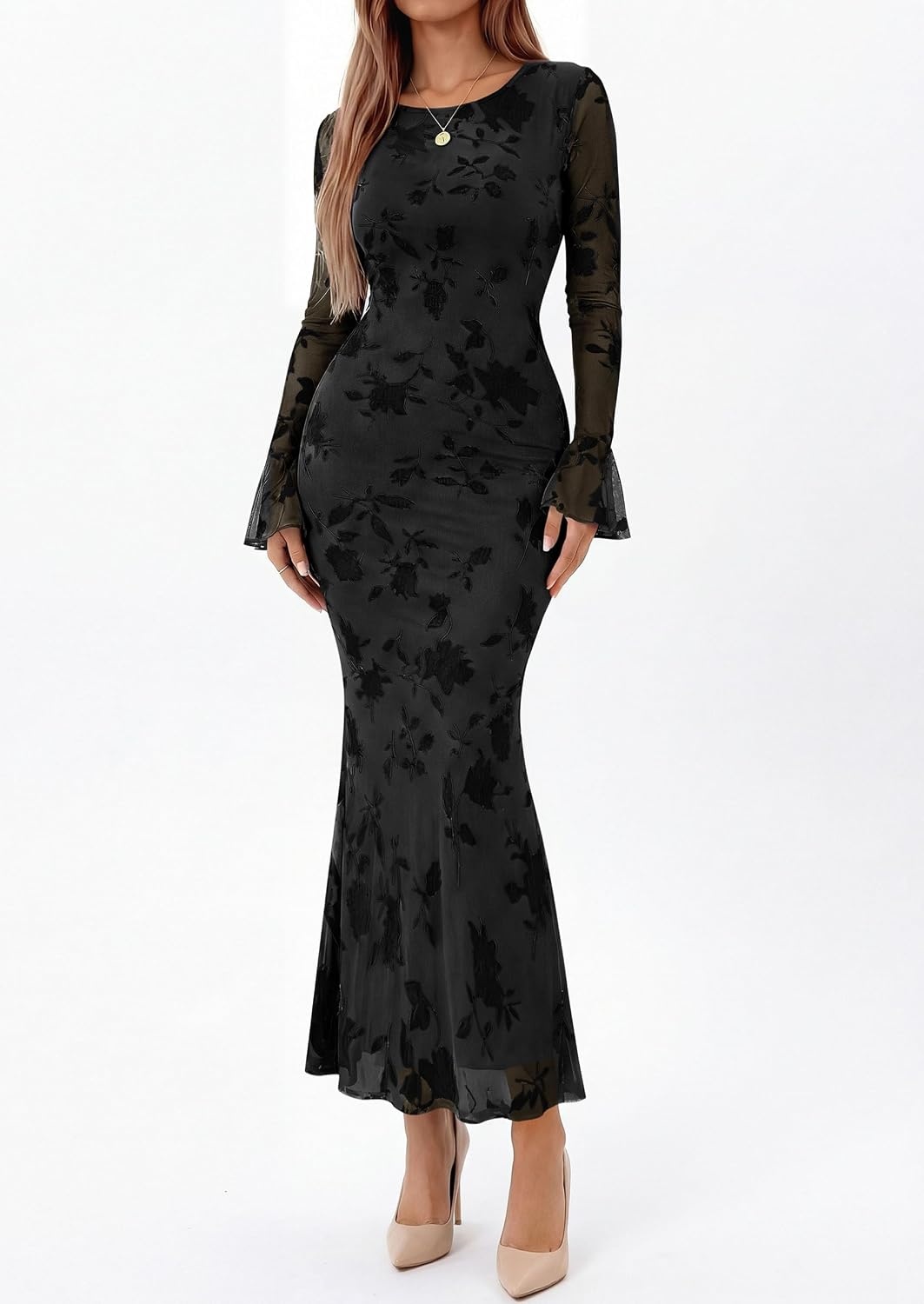 image:imagePRETTYGARDEN Womens Floral Maxi Fall Wedding Guest Dress Lightweight Stretchy Mesh Long Bell Sleeves Bodycon Mermaid Fit Elegant Dresses for Cocktail Holiday Party Formal EventsBlack