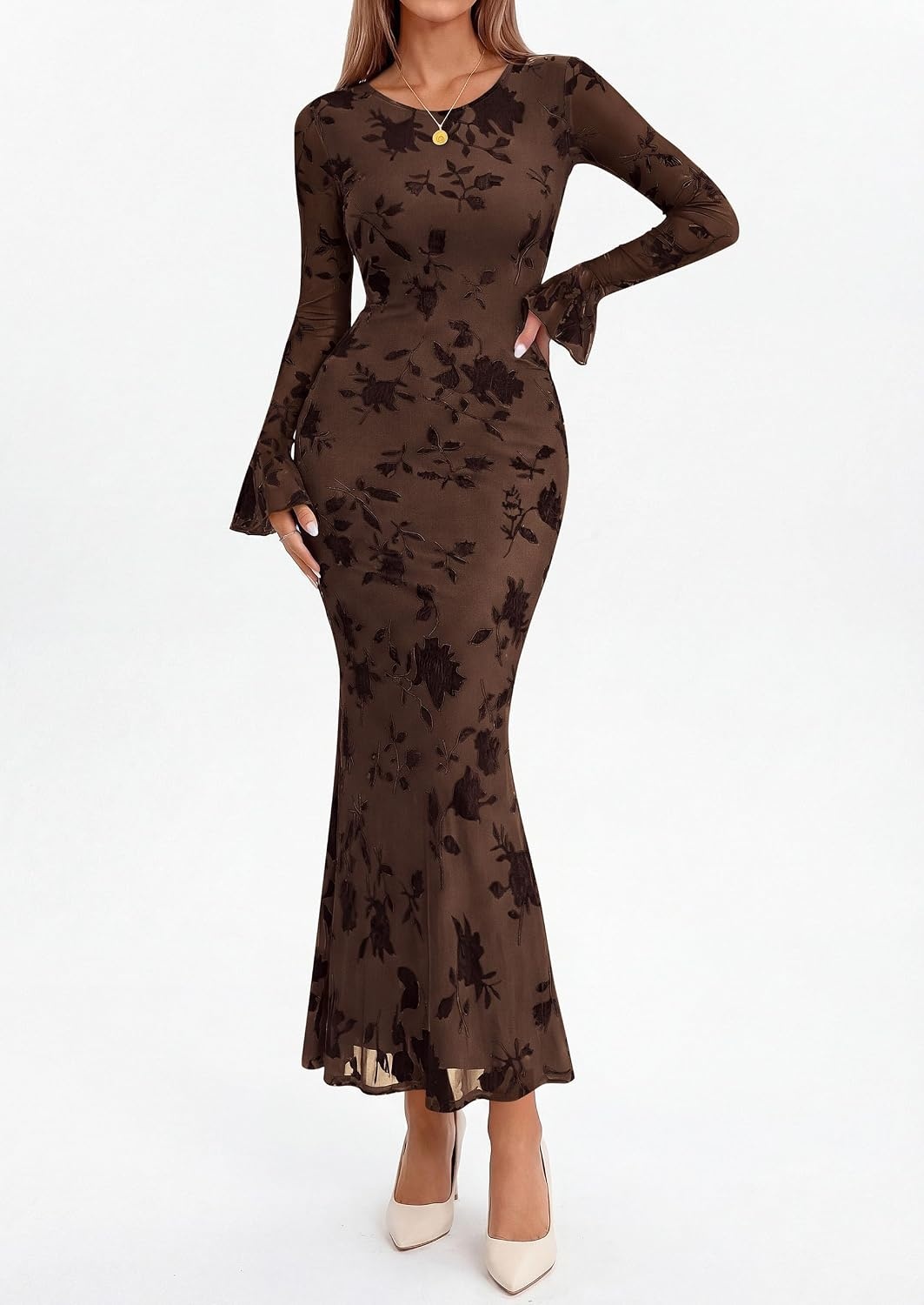 image:imagePRETTYGARDEN Womens Floral Maxi Fall Wedding Guest Dress Lightweight Stretchy Mesh Long Bell Sleeves Bodycon Mermaid Fit Elegant Dresses for Cocktail Holiday Party Formal EventsBrown