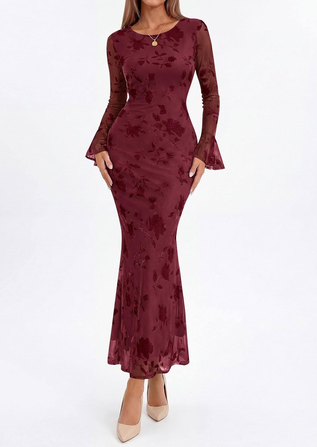 image:imagePRETTYGARDEN Womens Floral Maxi Fall Wedding Guest Dress Lightweight Stretchy Mesh Long Bell Sleeves Bodycon Mermaid Fit Elegant Dresses for Cocktail Holiday Party Formal EventsBurgundy