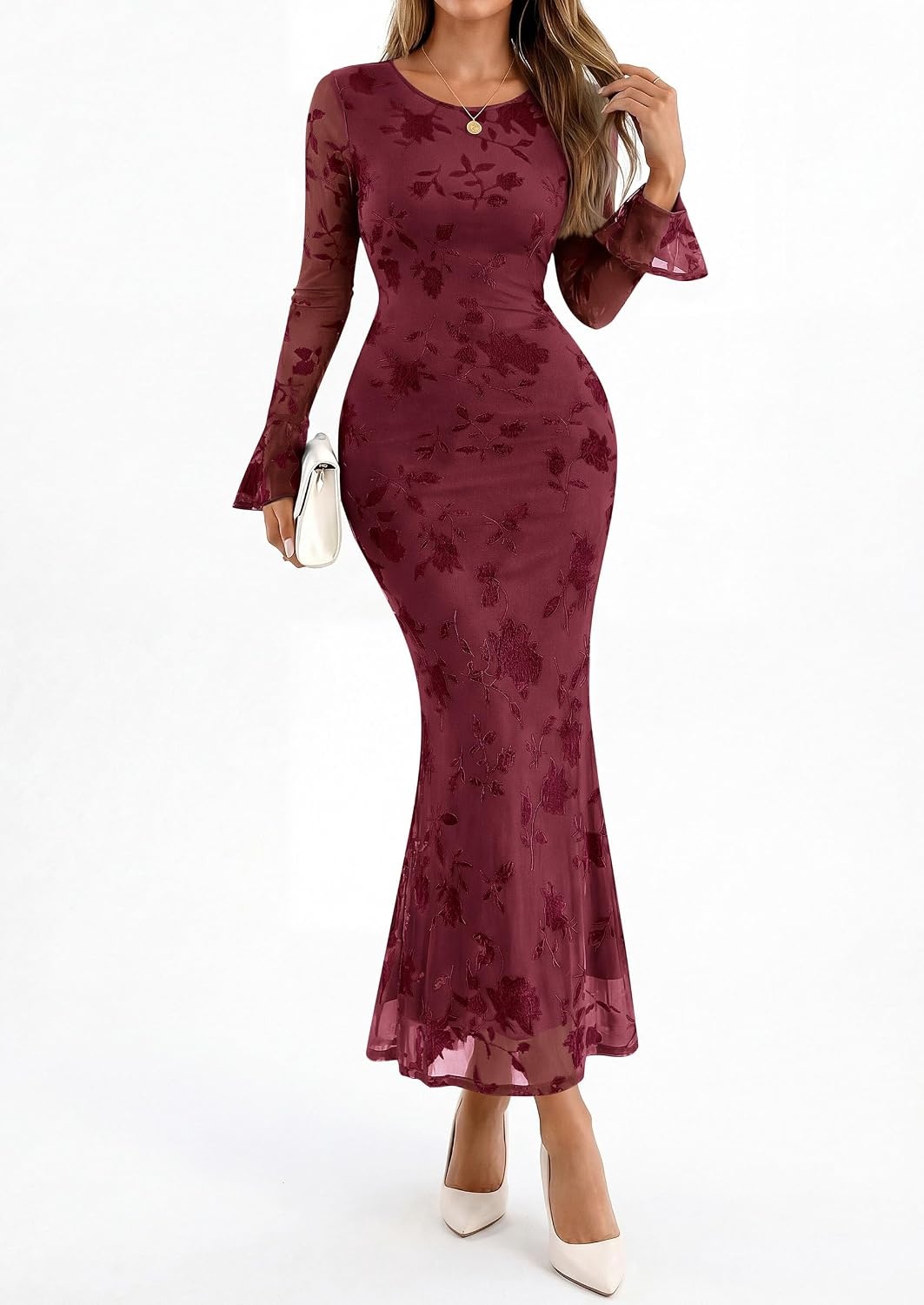 image:imagePRETTYGARDEN Womens Floral Maxi Fall Wedding Guest Dress Lightweight Stretchy Mesh Long Bell Sleeves Bodycon Mermaid Fit Elegant Dresses for Cocktail Holiday Party Formal EventsBurgundy