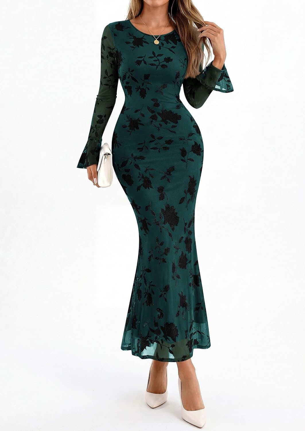 image:imagePRETTYGARDEN Womens Floral Maxi Fall Wedding Guest Dress Lightweight Stretchy Mesh Long Bell Sleeves Bodycon Mermaid Fit Elegant Dresses for Cocktail Holiday Party Formal EventsBlue Green