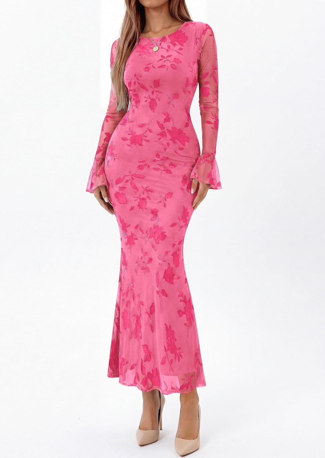 image:imagePRETTYGARDEN Womens Floral Maxi Fall Wedding Guest Dress Lightweight Stretchy Mesh Long Bell Sleeves Bodycon Mermaid Fit Elegant Dresses for Cocktail Holiday Party Formal EventsPink