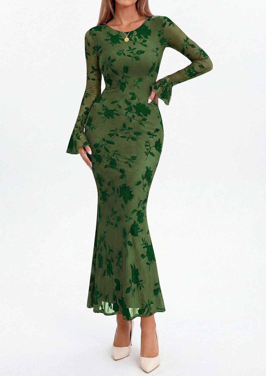 image:imagePRETTYGARDEN Womens Floral Maxi Fall Wedding Guest Dress Lightweight Stretchy Mesh Long Bell Sleeves Bodycon Mermaid Fit Elegant Dresses for Cocktail Holiday Party Formal EventsGreen