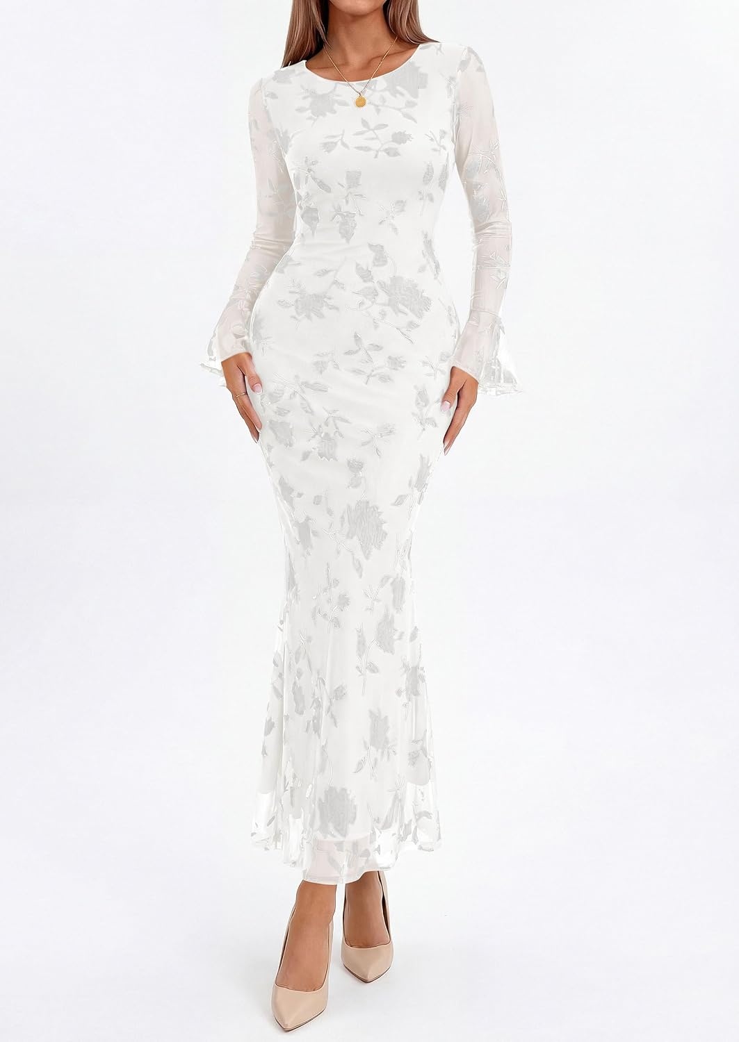 image:imagePRETTYGARDEN Womens Floral Maxi Fall Wedding Guest Dress Lightweight Stretchy Mesh Long Bell Sleeves Bodycon Mermaid Fit Elegant Dresses for Cocktail Holiday Party Formal EventsWhite