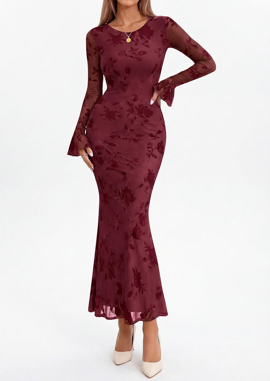 image:imagePRETTYGARDEN Womens Floral Maxi Fall Wedding Guest Dress Lightweight Stretchy Mesh Long Bell Sleeves Bodycon Mermaid Fit Elegant Dresses for Cocktail Holiday Party Formal EventsBurgundy