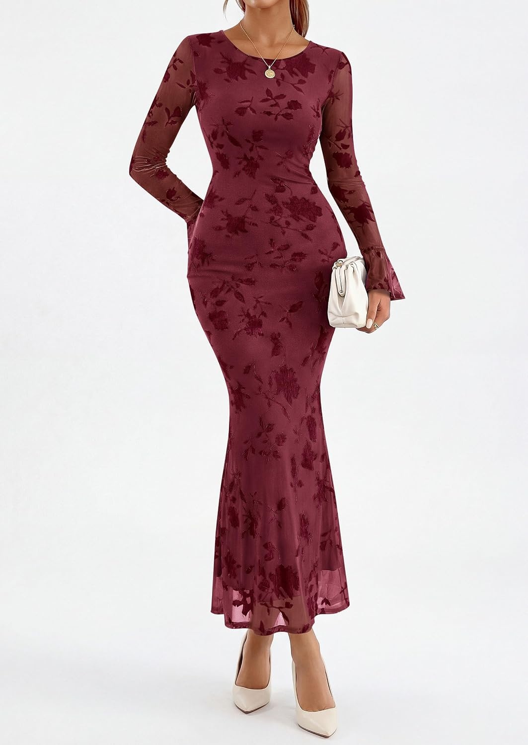 image:imagePRETTYGARDEN Womens Floral Maxi Fall Wedding Guest Dress Lightweight Stretchy Mesh Long Bell Sleeves Bodycon Mermaid Fit Elegant Dresses for Cocktail Holiday Party Formal EventsBurgundy