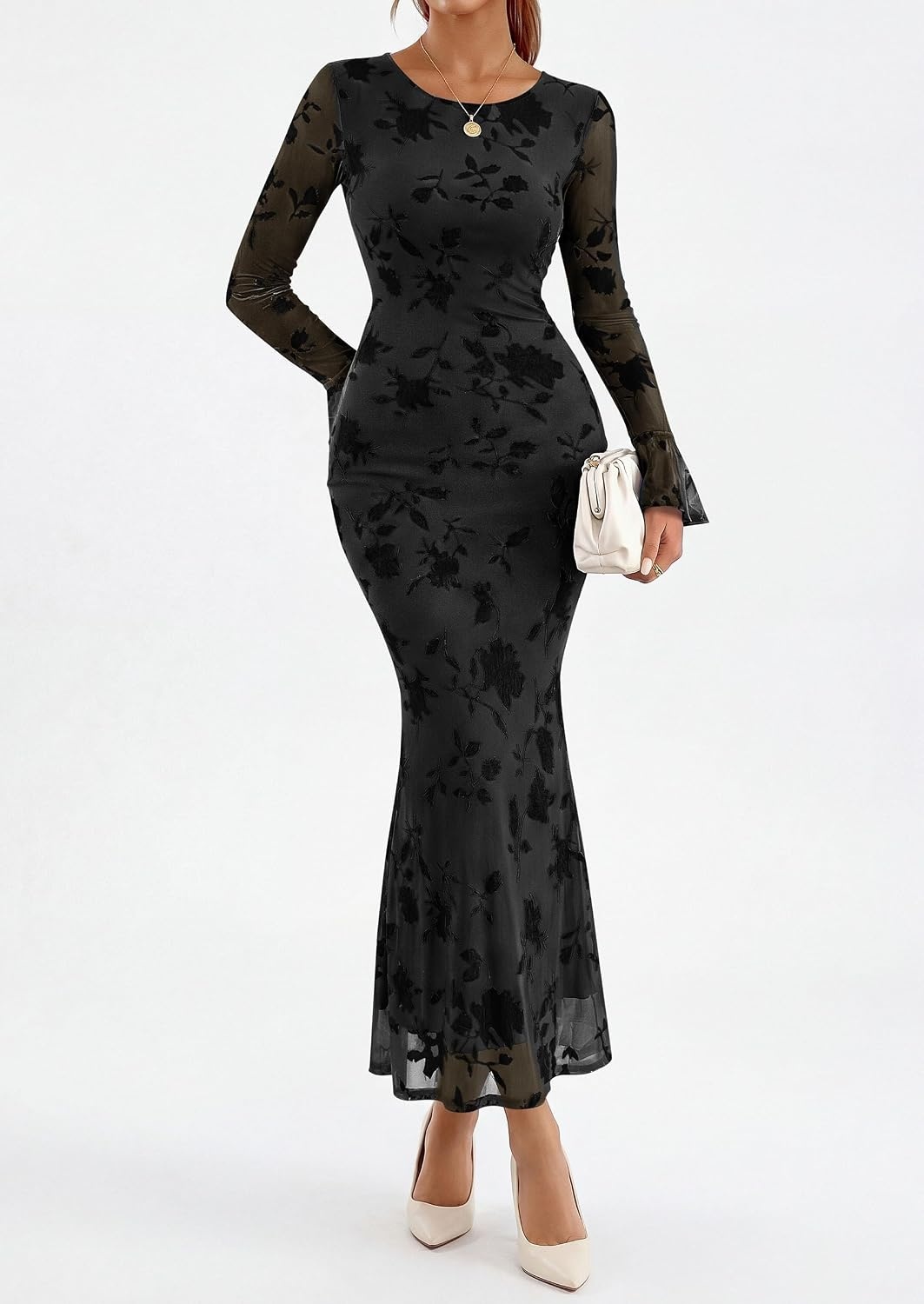 image:imagePRETTYGARDEN Womens Floral Maxi Fall Wedding Guest Dress Lightweight Stretchy Mesh Long Bell Sleeves Bodycon Mermaid Fit Elegant Dresses for Cocktail Holiday Party Formal EventsBlack