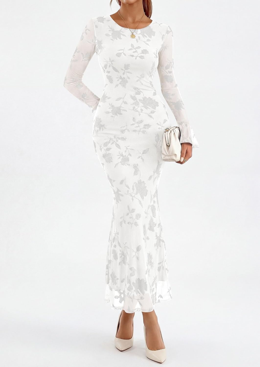 image:imagePRETTYGARDEN Womens Floral Maxi Fall Wedding Guest Dress Lightweight Stretchy Mesh Long Bell Sleeves Bodycon Mermaid Fit Elegant Dresses for Cocktail Holiday Party Formal EventsWhite