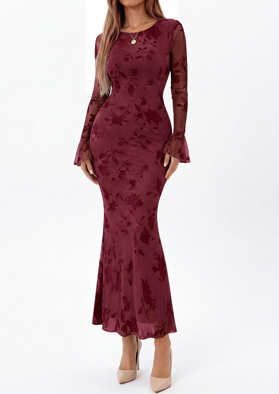 image:imagePRETTYGARDEN Womens Floral Maxi Fall Wedding Guest Dress Lightweight Stretchy Mesh Long Bell Sleeves Bodycon Mermaid Fit Elegant Dresses for Cocktail Holiday Party Formal EventsBurgundy
