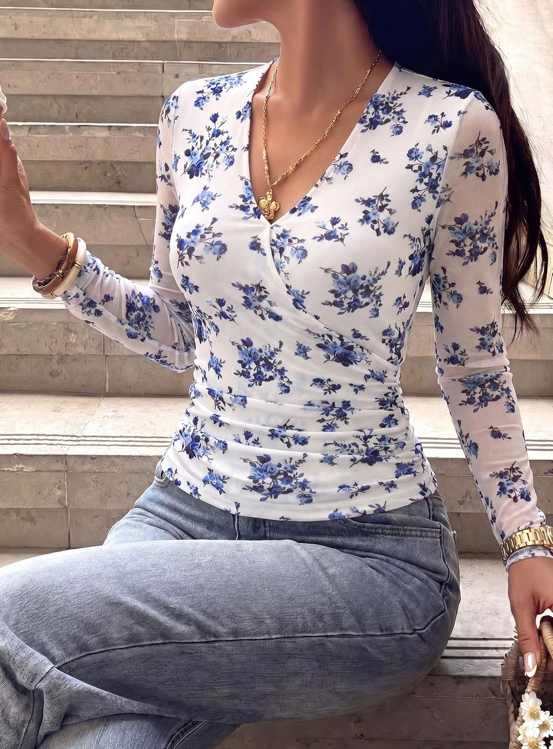 image:imagePRETTYGARDEN Womens Floral Mesh Wrap Top V Neck Long Sleeve Shirts Soft Stretchy Lightweight Lined Slim Fit Ruched Waist Dressy Casual Blouses for Work Daily Going Out Fall ClothesWhite Blue Flower