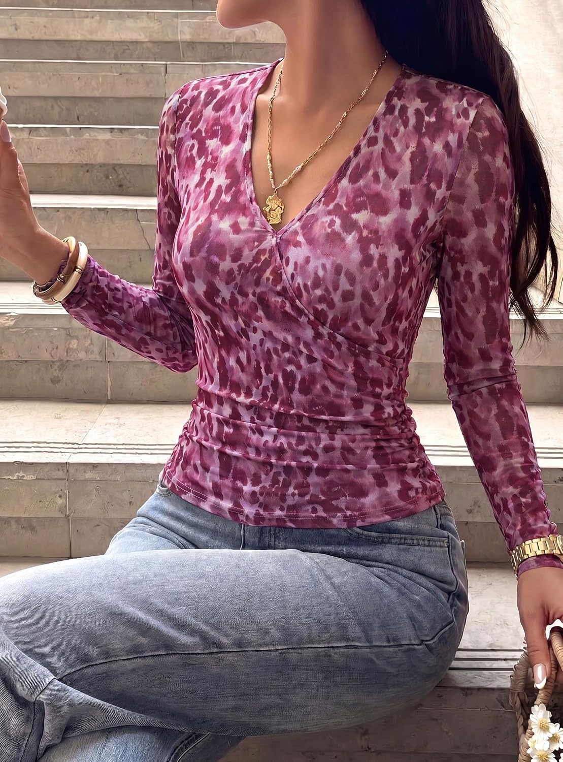 image:imagePRETTYGARDEN Womens Floral Mesh Wrap Top V Neck Long Sleeve Shirts Soft Stretchy Lightweight Lined Slim Fit Ruched Waist Dressy Casual Blouses for Work Daily Going Out Fall ClothesPurple Leopard