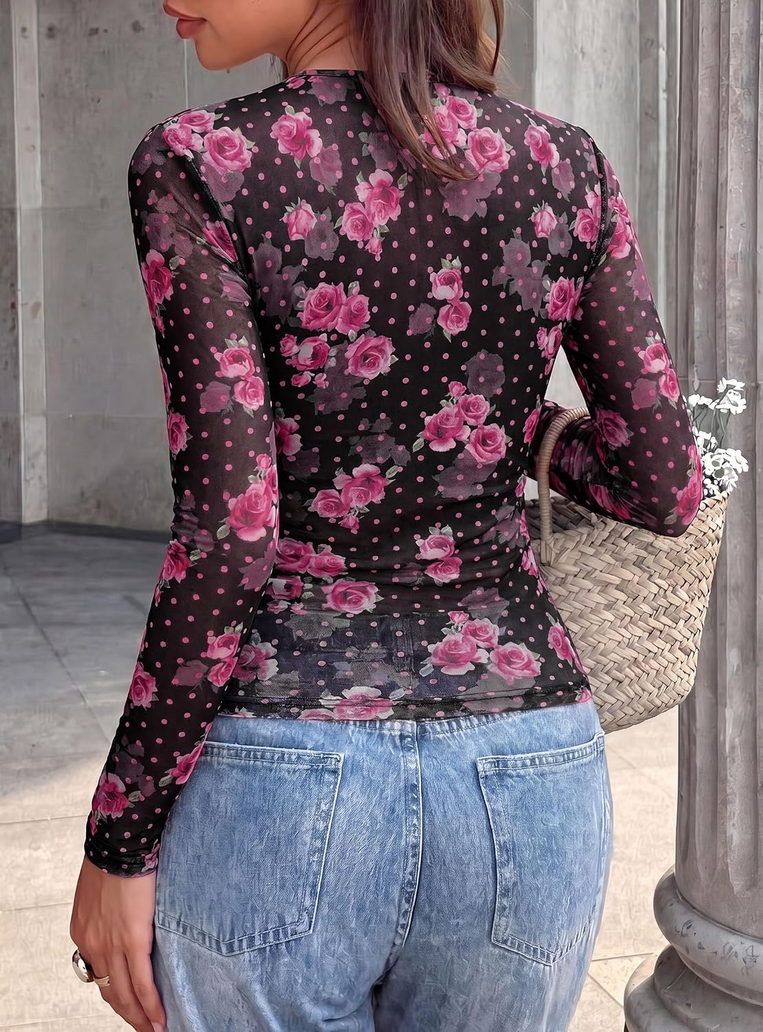 image:imagePRETTYGARDEN Womens Floral Mesh Wrap Top V Neck Long Sleeve Shirts Soft Stretchy Lightweight Lined Slim Fit Ruched Waist Dressy Casual Blouses for Work Daily Going Out Fall ClothesBlack Pink Flower