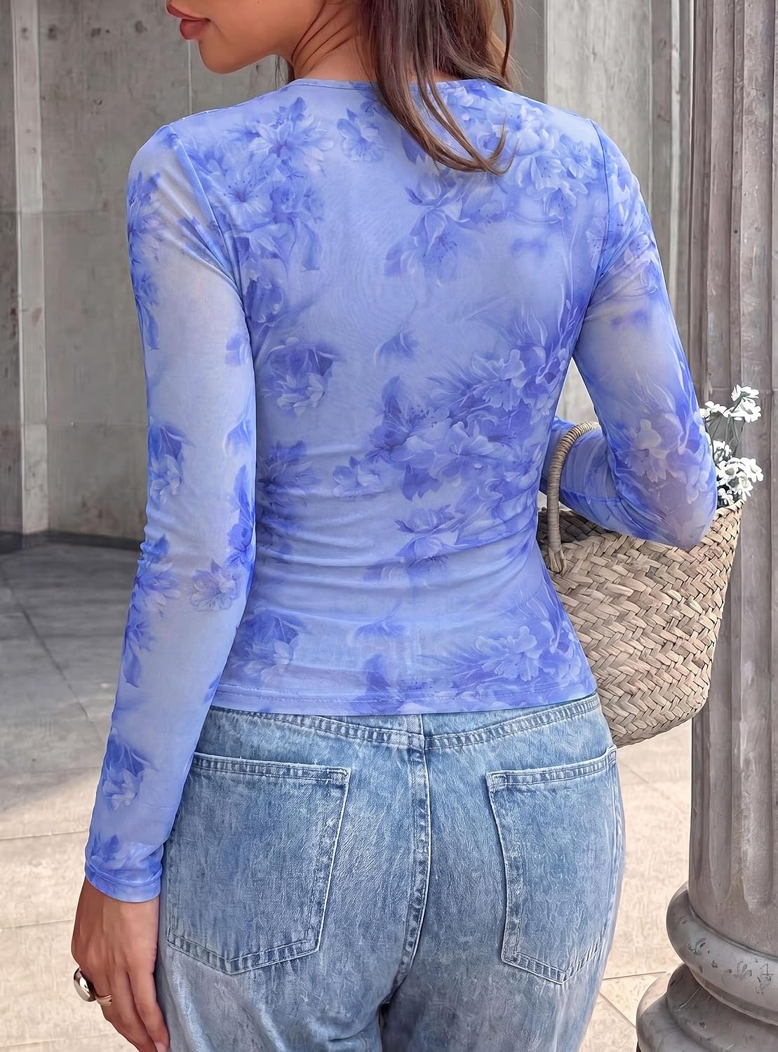 image:imagePRETTYGARDEN Womens Floral Mesh Wrap Top V Neck Long Sleeve Shirts Soft Stretchy Lightweight Lined Slim Fit Ruched Waist Dressy Casual Blouses for Work Daily Going Out Fall ClothesFloral Light Blue