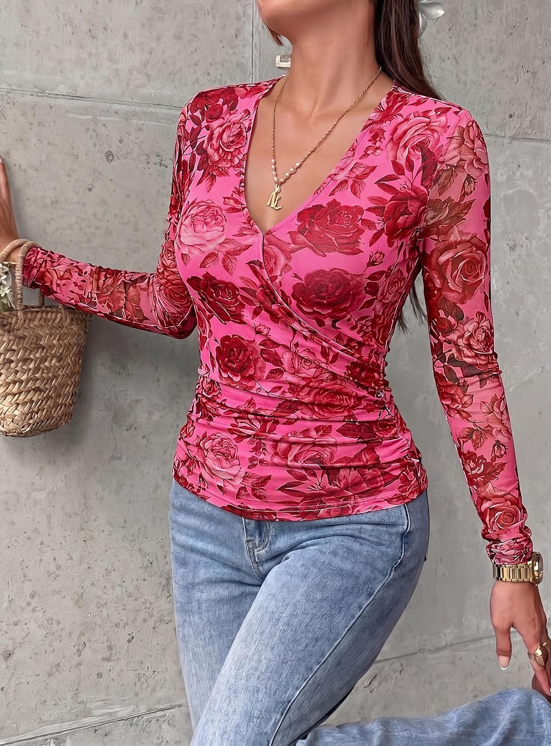 image:imagePRETTYGARDEN Womens Floral Mesh Wrap Top V Neck Long Sleeve Shirts Soft Stretchy Lightweight Lined Slim Fit Ruched Waist Dressy Casual Blouses for Work Daily Going Out Fall ClothesPink Red Flower