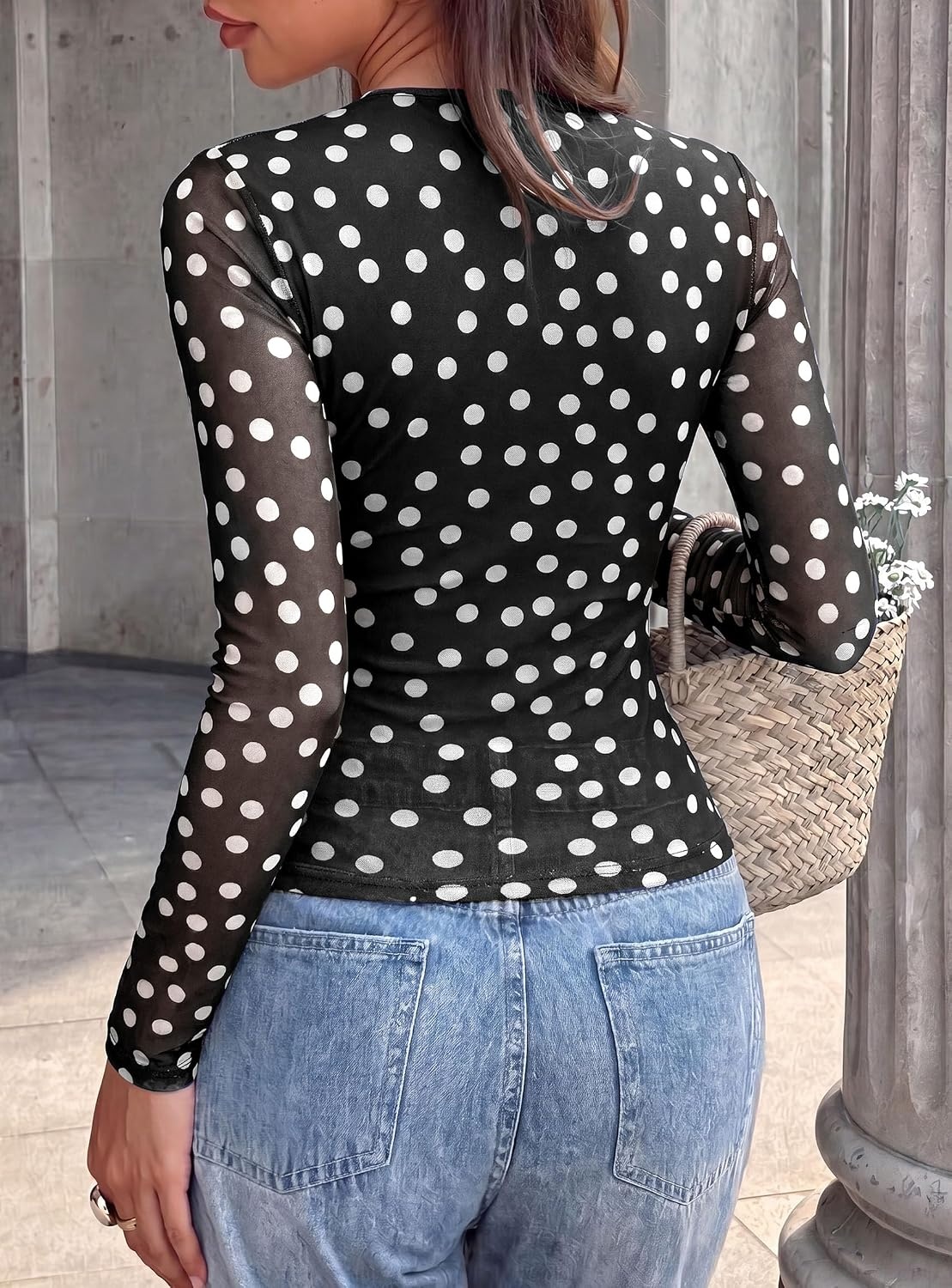 image:imagePRETTYGARDEN Womens Floral Mesh Wrap Top V Neck Long Sleeve Shirts Soft Stretchy Lightweight Lined Slim Fit Ruched Waist Dressy Casual Blouses for Work Daily Going Out Fall ClothesPolka Dot Black White