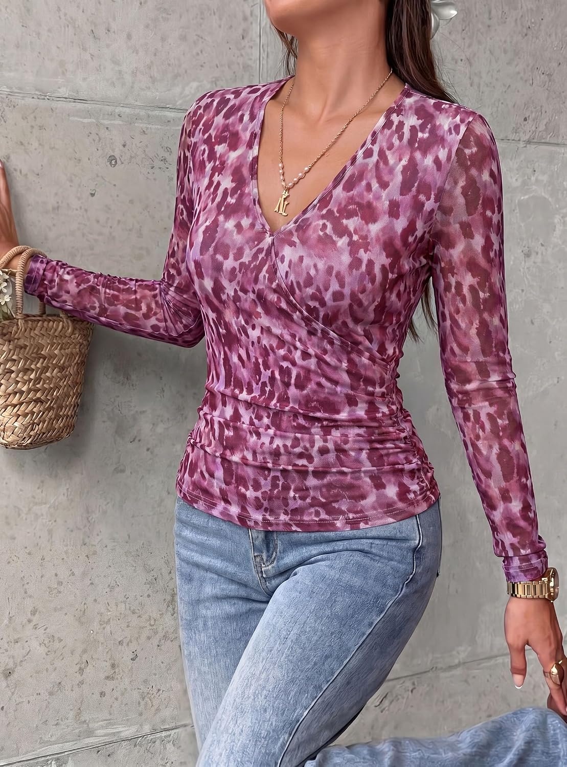 image:imagePRETTYGARDEN Womens Floral Mesh Wrap Top V Neck Long Sleeve Shirts Soft Stretchy Lightweight Lined Slim Fit Ruched Waist Dressy Casual Blouses for Work Daily Going Out Fall ClothesPurple Leopard