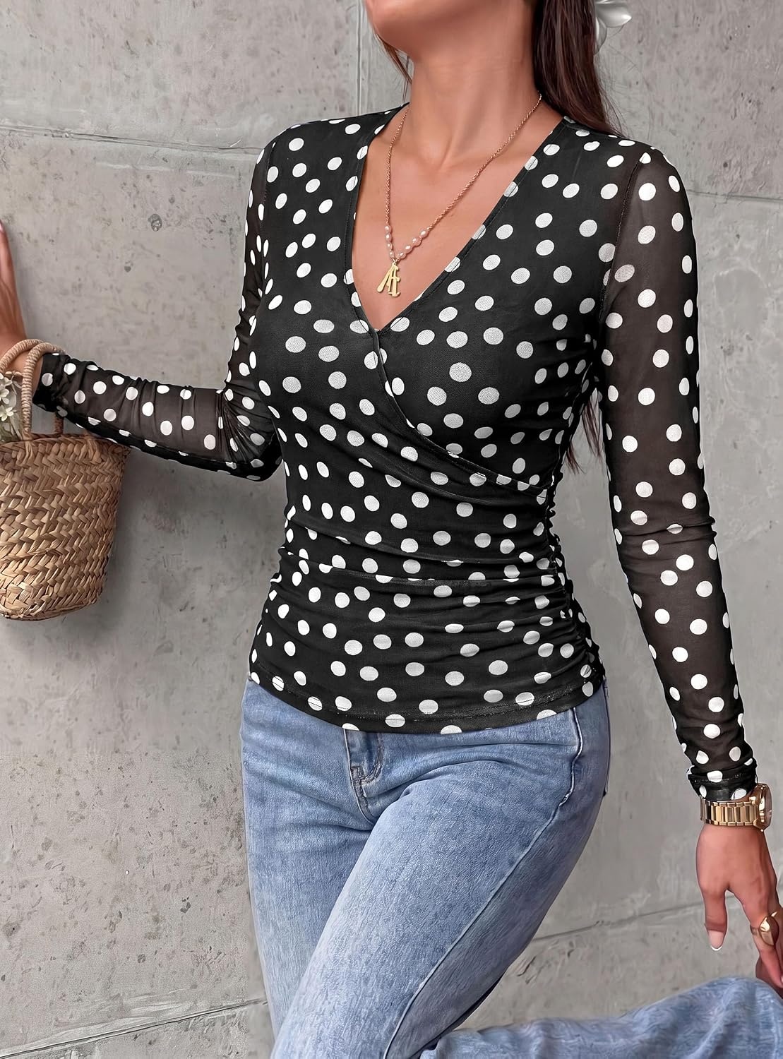 image:imagePRETTYGARDEN Womens Floral Mesh Wrap Top V Neck Long Sleeve Shirts Soft Stretchy Lightweight Lined Slim Fit Ruched Waist Dressy Casual Blouses for Work Daily Going Out Fall ClothesPolka Dot Black White