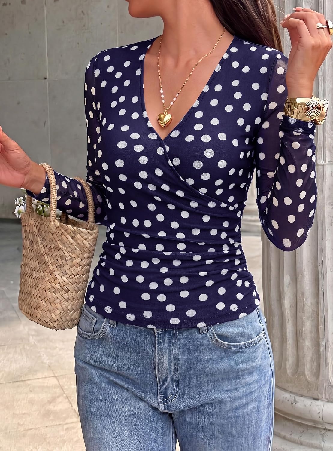 image:imagePRETTYGARDEN Womens Floral Mesh Wrap Top V Neck Long Sleeve Shirts Soft Stretchy Lightweight Lined Slim Fit Ruched Waist Dressy Casual Blouses for Work Daily Going Out Fall ClothesDot Navy White