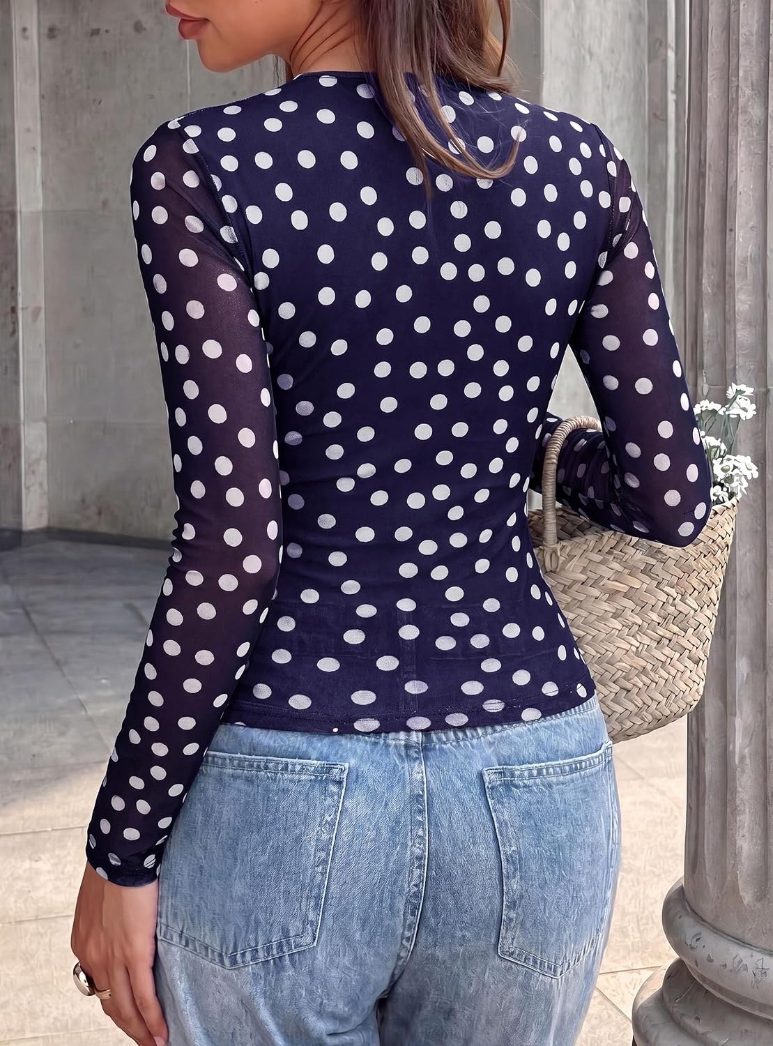 image:imagePRETTYGARDEN Womens Floral Mesh Wrap Top V Neck Long Sleeve Shirts Soft Stretchy Lightweight Lined Slim Fit Ruched Waist Dressy Casual Blouses for Work Daily Going Out Fall ClothesDot Navy White