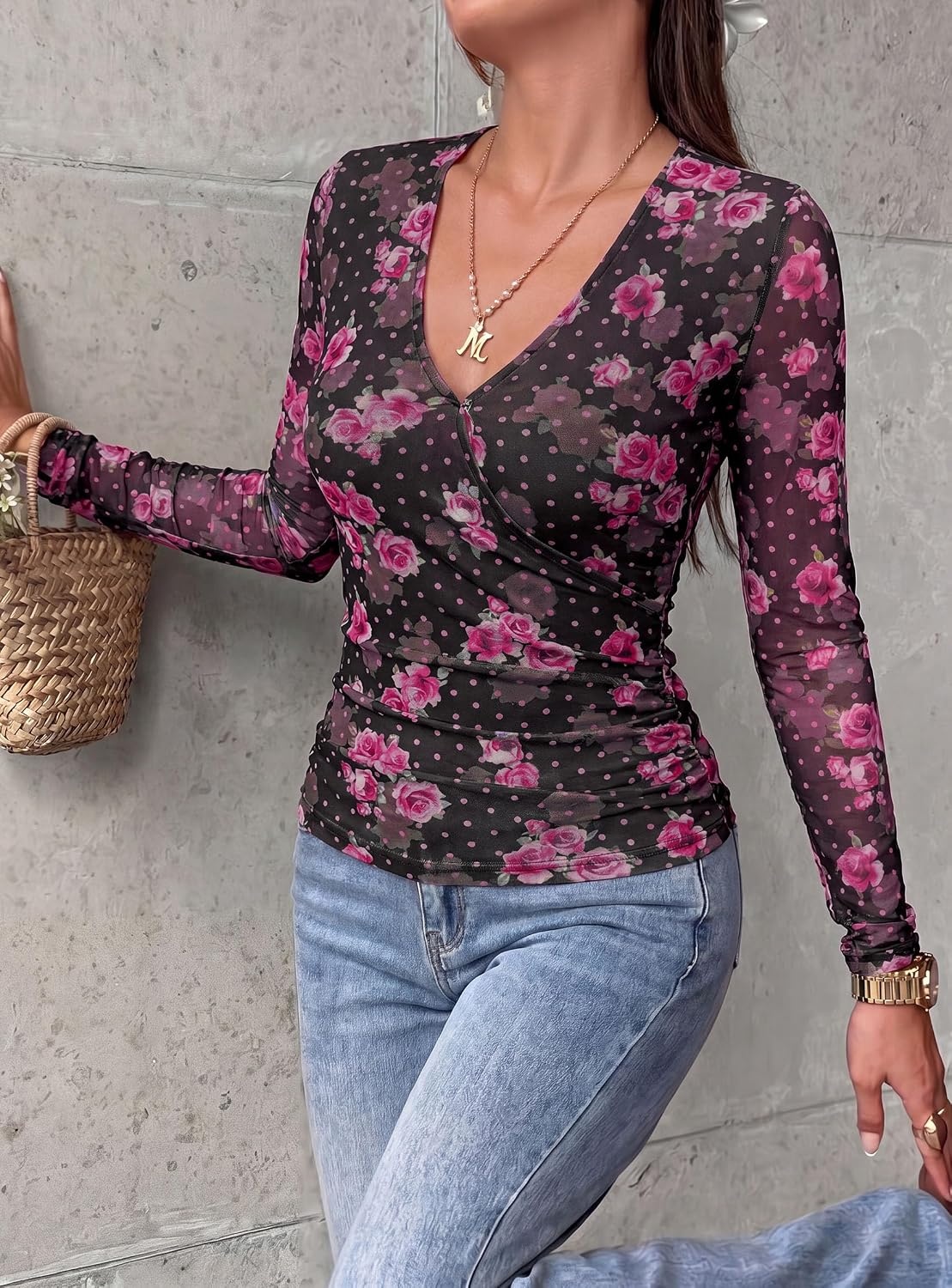 image:imagePRETTYGARDEN Womens Floral Mesh Wrap Top V Neck Long Sleeve Shirts Soft Stretchy Lightweight Lined Slim Fit Ruched Waist Dressy Casual Blouses for Work Daily Going Out Fall ClothesBlack Pink Flower