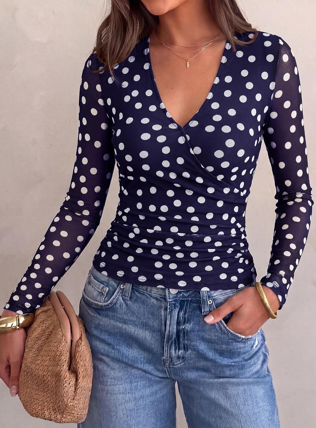 image:imagePRETTYGARDEN Womens Floral Mesh Wrap Top V Neck Long Sleeve Shirts Soft Stretchy Lightweight Lined Slim Fit Ruched Waist Dressy Casual Blouses for Work Daily Going Out Fall ClothesDot Navy White