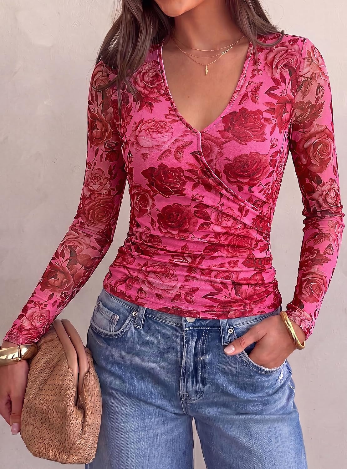 image:imagePRETTYGARDEN Womens Floral Mesh Wrap Top V Neck Long Sleeve Shirts Soft Stretchy Lightweight Lined Slim Fit Ruched Waist Dressy Casual Blouses for Work Daily Going Out Fall ClothesPink Red Flower
