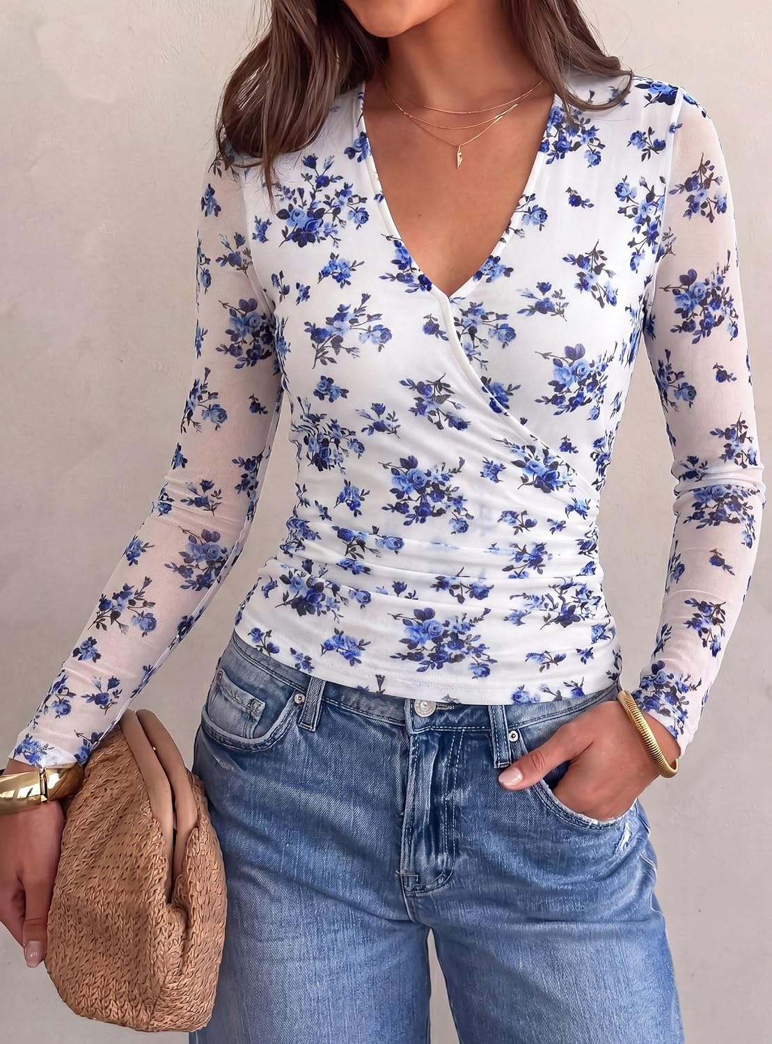 image:imagePRETTYGARDEN Womens Floral Mesh Wrap Top V Neck Long Sleeve Shirts Soft Stretchy Lightweight Lined Slim Fit Ruched Waist Dressy Casual Blouses for Work Daily Going Out Fall ClothesWhite Blue Flower