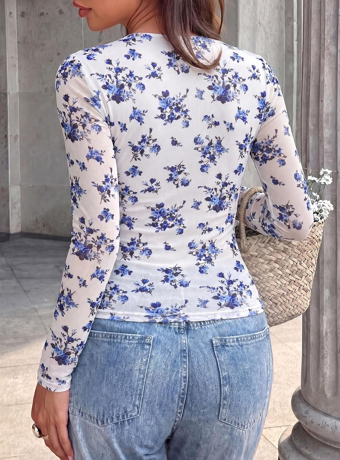 image:imagePRETTYGARDEN Womens Floral Mesh Wrap Top V Neck Long Sleeve Shirts Soft Stretchy Lightweight Lined Slim Fit Ruched Waist Dressy Casual Blouses for Work Daily Going Out Fall ClothesWhite Blue Flower
