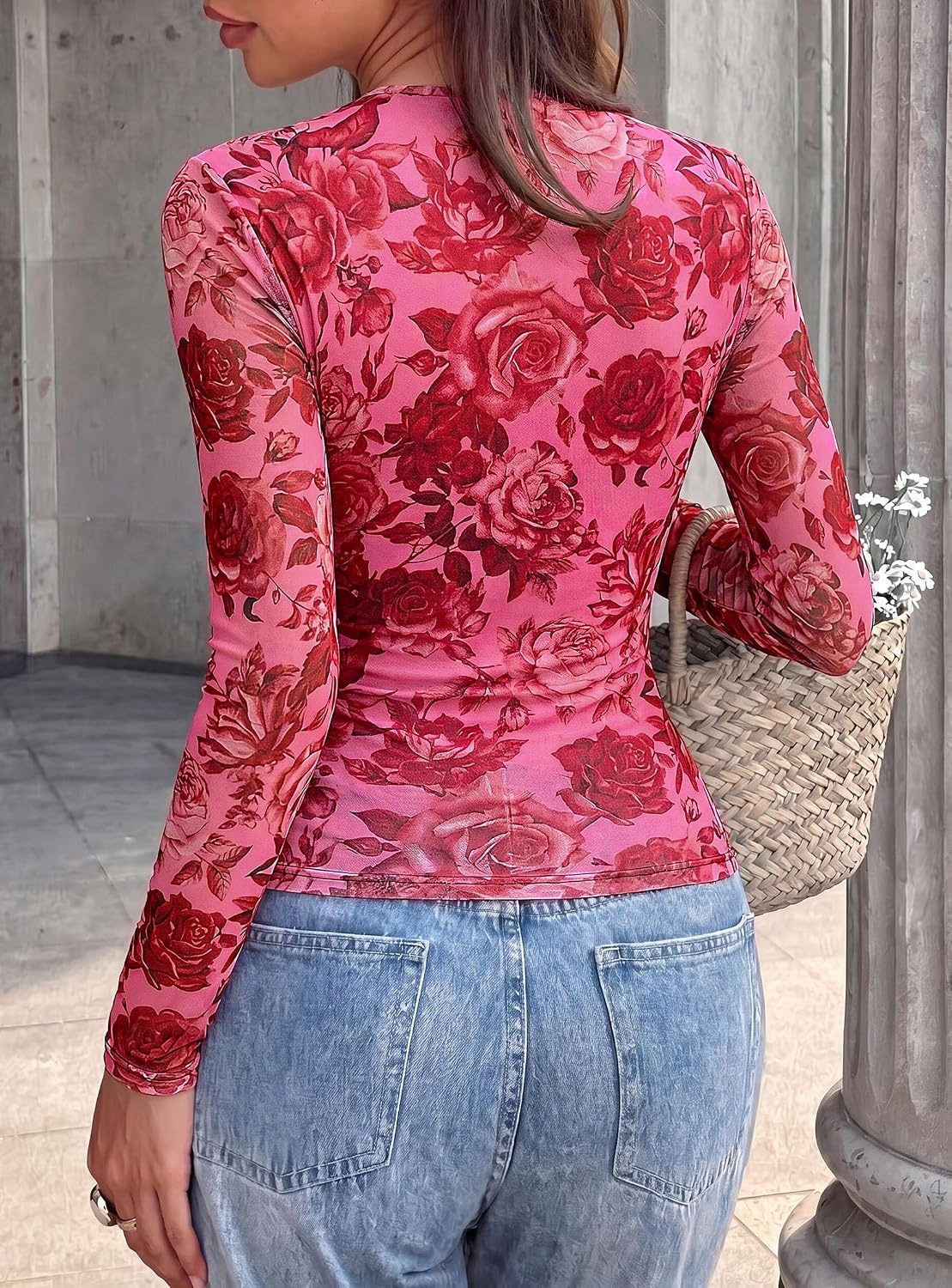 image:imagePRETTYGARDEN Womens Floral Mesh Wrap Top V Neck Long Sleeve Shirts Soft Stretchy Lightweight Lined Slim Fit Ruched Waist Dressy Casual Blouses for Work Daily Going Out Fall ClothesPink Red Flower