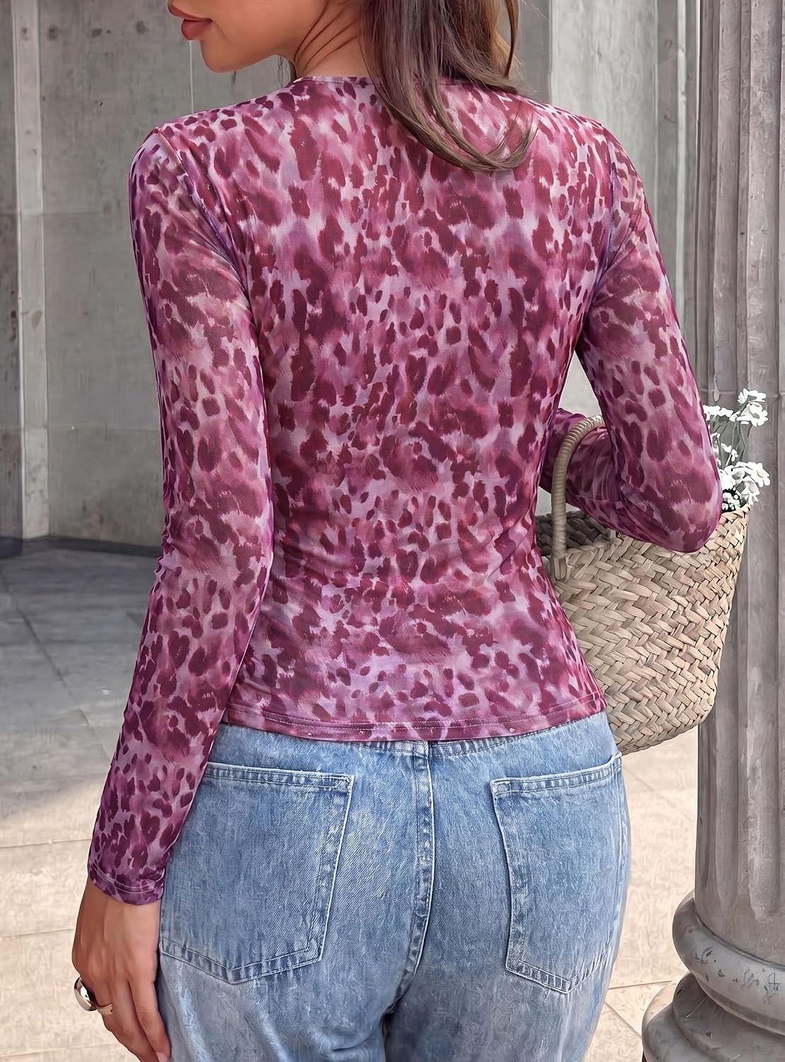 image:imagePRETTYGARDEN Womens Floral Mesh Wrap Top V Neck Long Sleeve Shirts Soft Stretchy Lightweight Lined Slim Fit Ruched Waist Dressy Casual Blouses for Work Daily Going Out Fall ClothesPurple Leopard