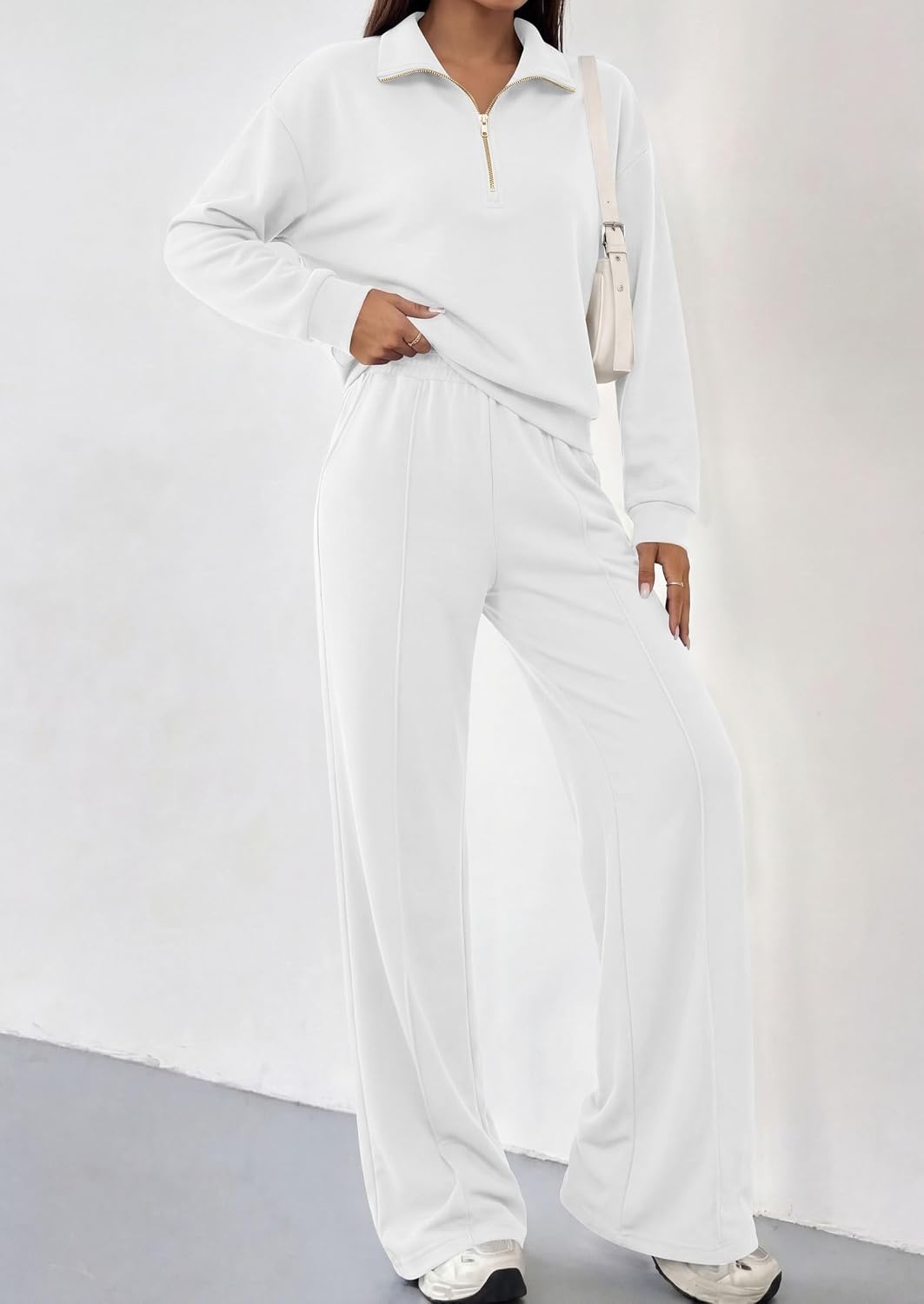 image:imagePRETTYGARDEN Womens Lounge Sets 2 Piece Outfits Sweatsuits Half Zip Pullover Sweatshirts Wide Leg Pants Pockets Matching Workout Tracksuits Airport Travel Resort Wear Fall ClothesWhite