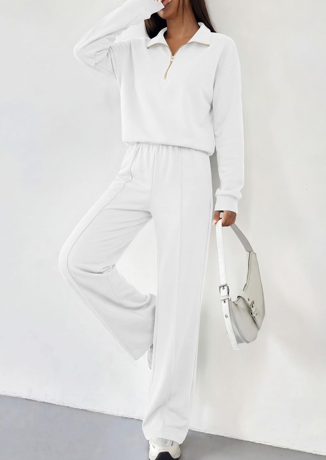 image:imagePRETTYGARDEN Womens Lounge Sets 2 Piece Outfits Sweatsuits Half Zip Pullover Sweatshirts Wide Leg Pants Pockets Matching Workout Tracksuits Airport Travel Resort Wear Fall ClothesWhite