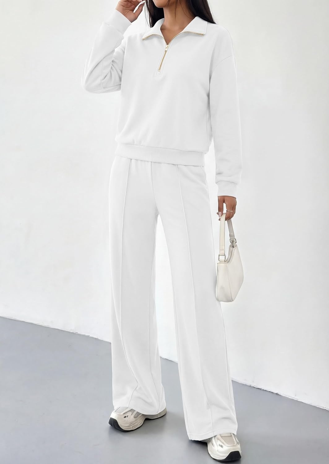 image:imagePRETTYGARDEN Womens Lounge Sets 2 Piece Outfits Sweatsuits Half Zip Pullover Sweatshirts Wide Leg Pants Pockets Matching Workout Tracksuits Airport Travel Resort Wear Fall ClothesWhite