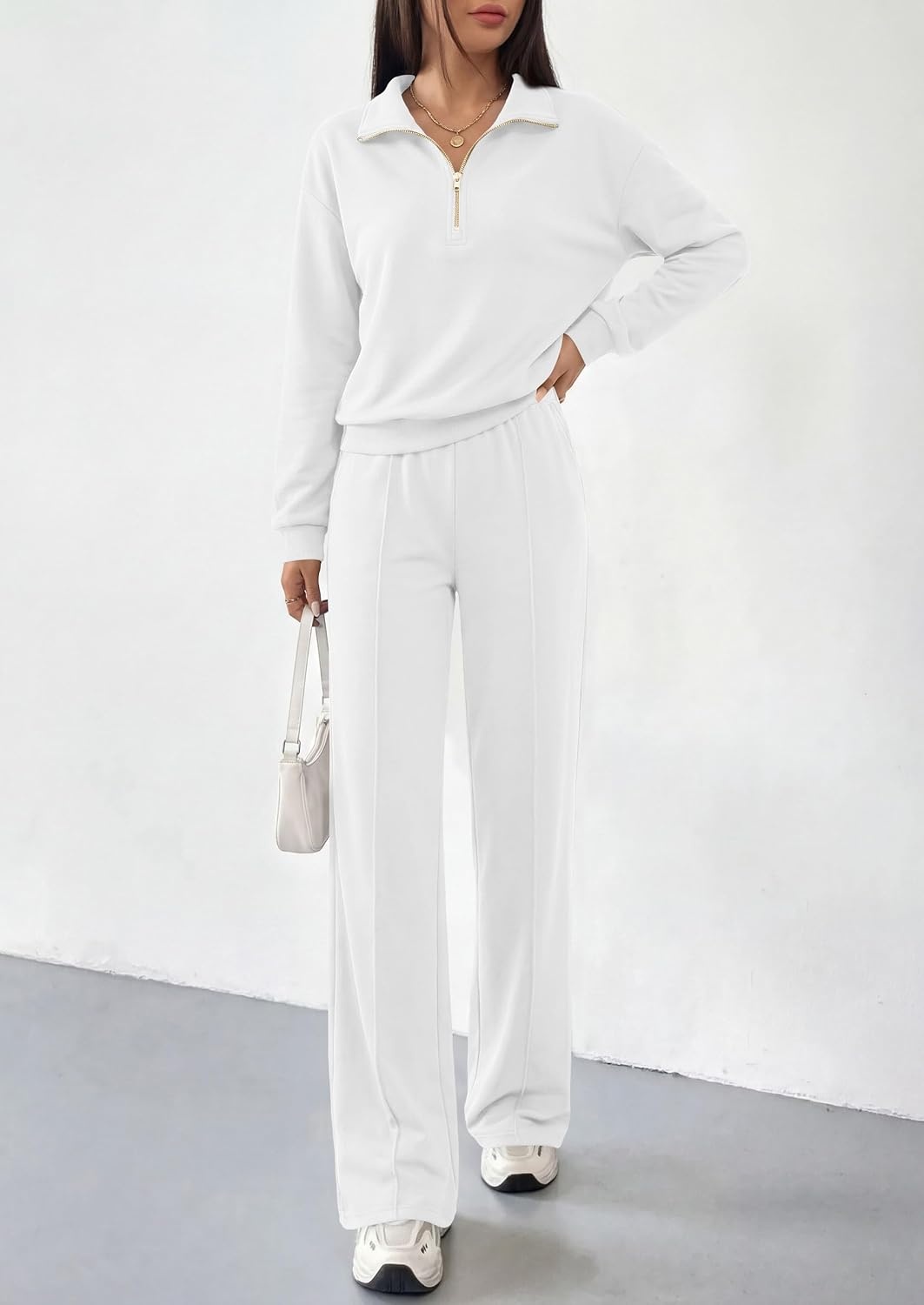 image:imagePRETTYGARDEN Womens Lounge Sets 2 Piece Outfits Sweatsuits Half Zip Pullover Sweatshirts Wide Leg Pants Pockets Matching Workout Tracksuits Airport Travel Resort Wear Fall ClothesWhite