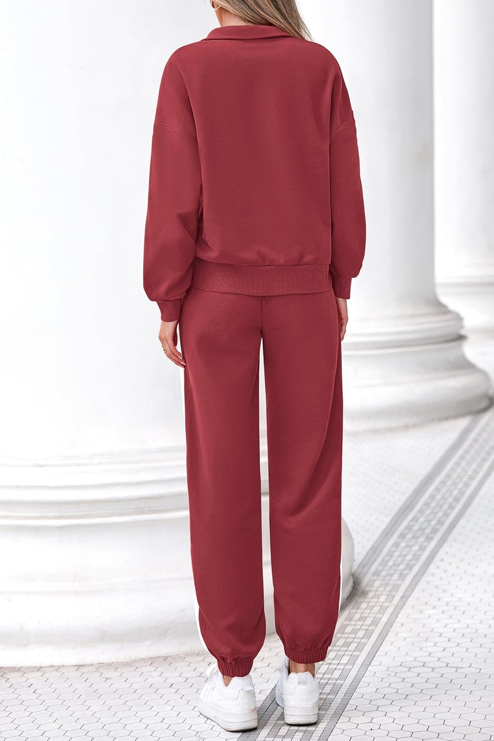 image:imagePRETTYGARDEN Womens Sweatsuits 2 Piece Outfits Fall Matching Lounge Sets Casual Loose Zip Up Oversized Sweatshirts High Waist Jogger Tracksuits Two Piece Sweat Suits Travel Airport Workout SetsWine Red