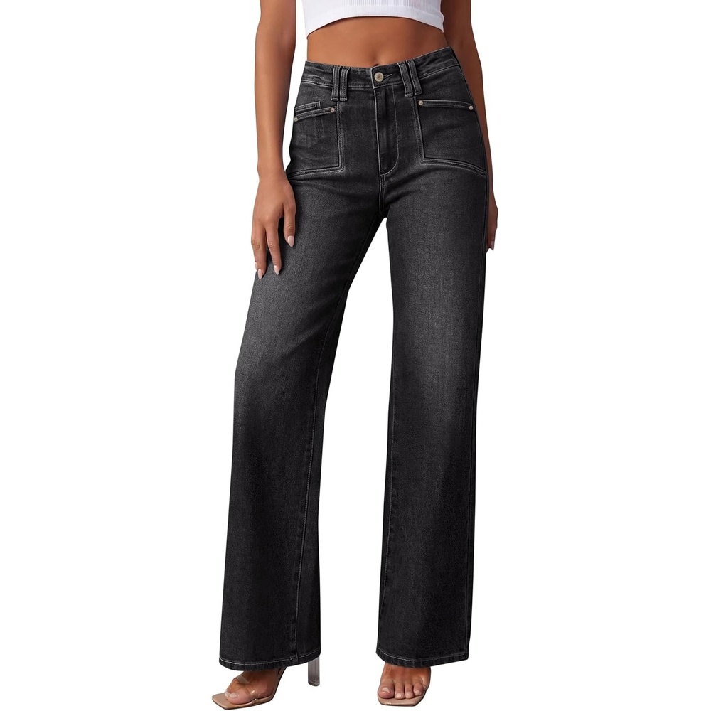 image:imagePRETTYGARDEN High Waisted Wide Leg Jeans for Women 2026 Trendy Classic Straight Baggy Fit Stretchy Denim Pants with Pockets Casual Daily Work Going Out All Season WearBlack