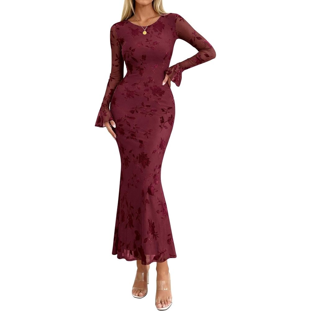 image:imagePRETTYGARDEN Womens Floral Maxi Fall Wedding Guest Dress Lightweight Stretchy Mesh Long Bell Sleeves Bodycon Mermaid Fit Elegant Dresses for Cocktail Holiday Party Formal EventsBurgundy