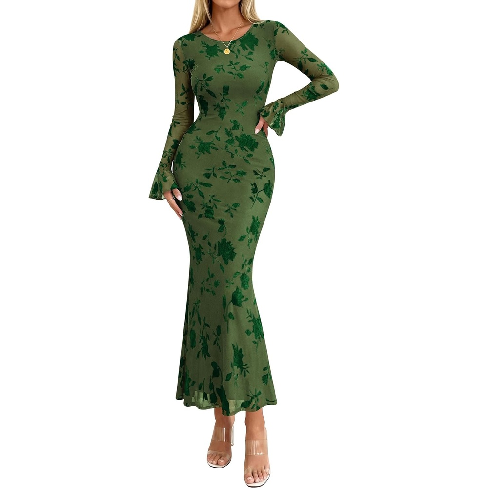 image:imagePRETTYGARDEN Womens Floral Maxi Fall Wedding Guest Dress Lightweight Stretchy Mesh Long Bell Sleeves Bodycon Mermaid Fit Elegant Dresses for Cocktail Holiday Party Formal EventsGreen