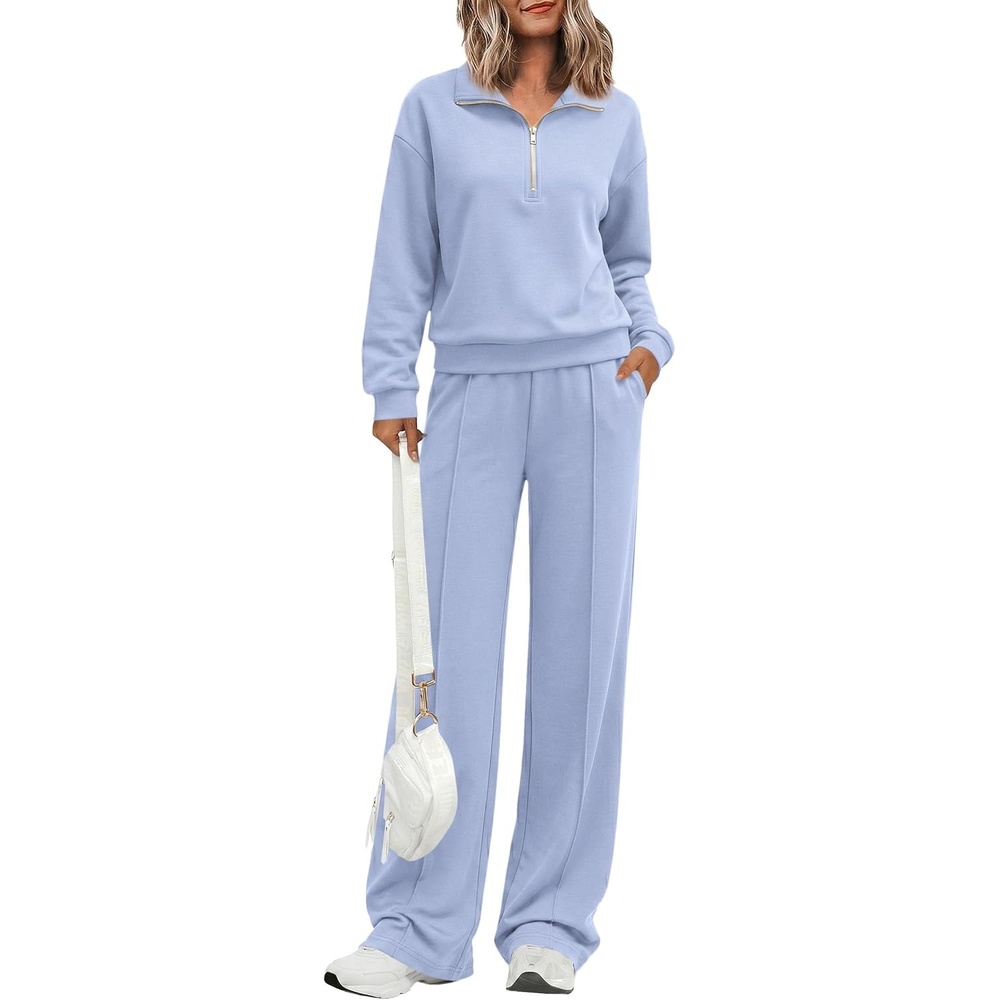 image:imagePRETTYGARDEN Womens Lounge Sets 2 Piece Outfits Sweatsuits Half Zip Pullover Sweatshirts Wide Leg Pants Pockets Matching Workout Tracksuits Airport Travel Resort Wear Fall ClothesLight Blue