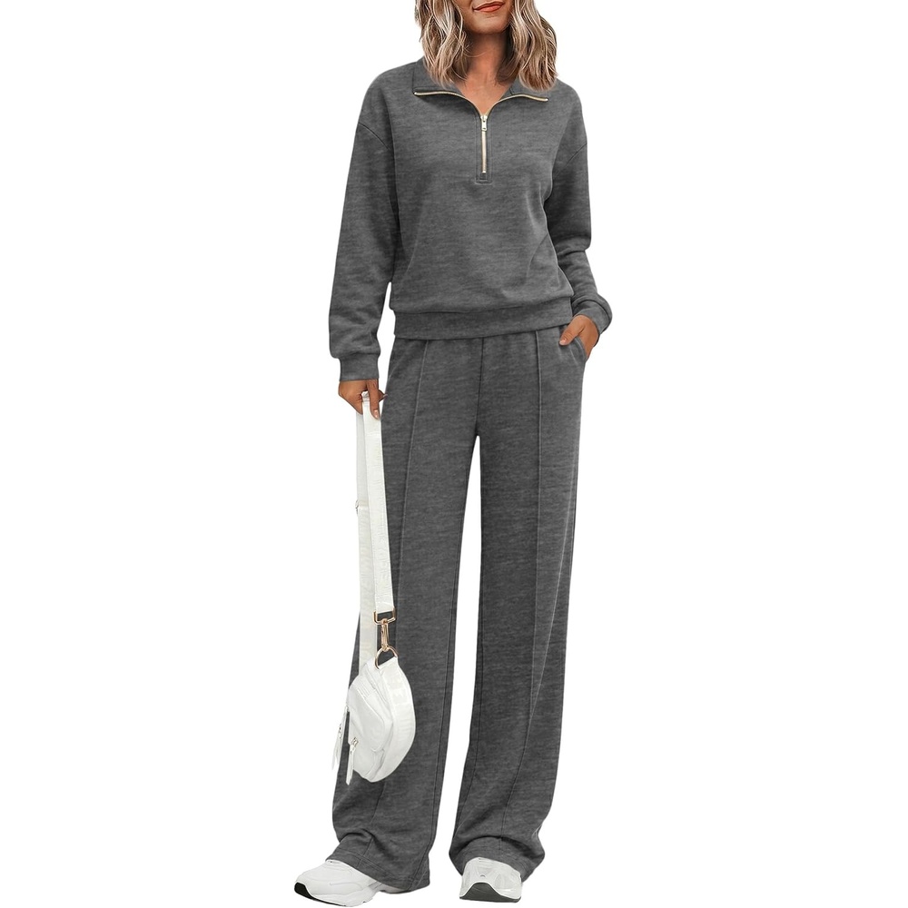 image:imagePRETTYGARDEN Womens Lounge Sets 2 Piece Outfits Sweatsuits  Half Zip Pullover Sweatshirts Wide Leg Pants Pockets Matching Workout Tracksuits Airport Travel Resort Wear Fall ClothesGrey